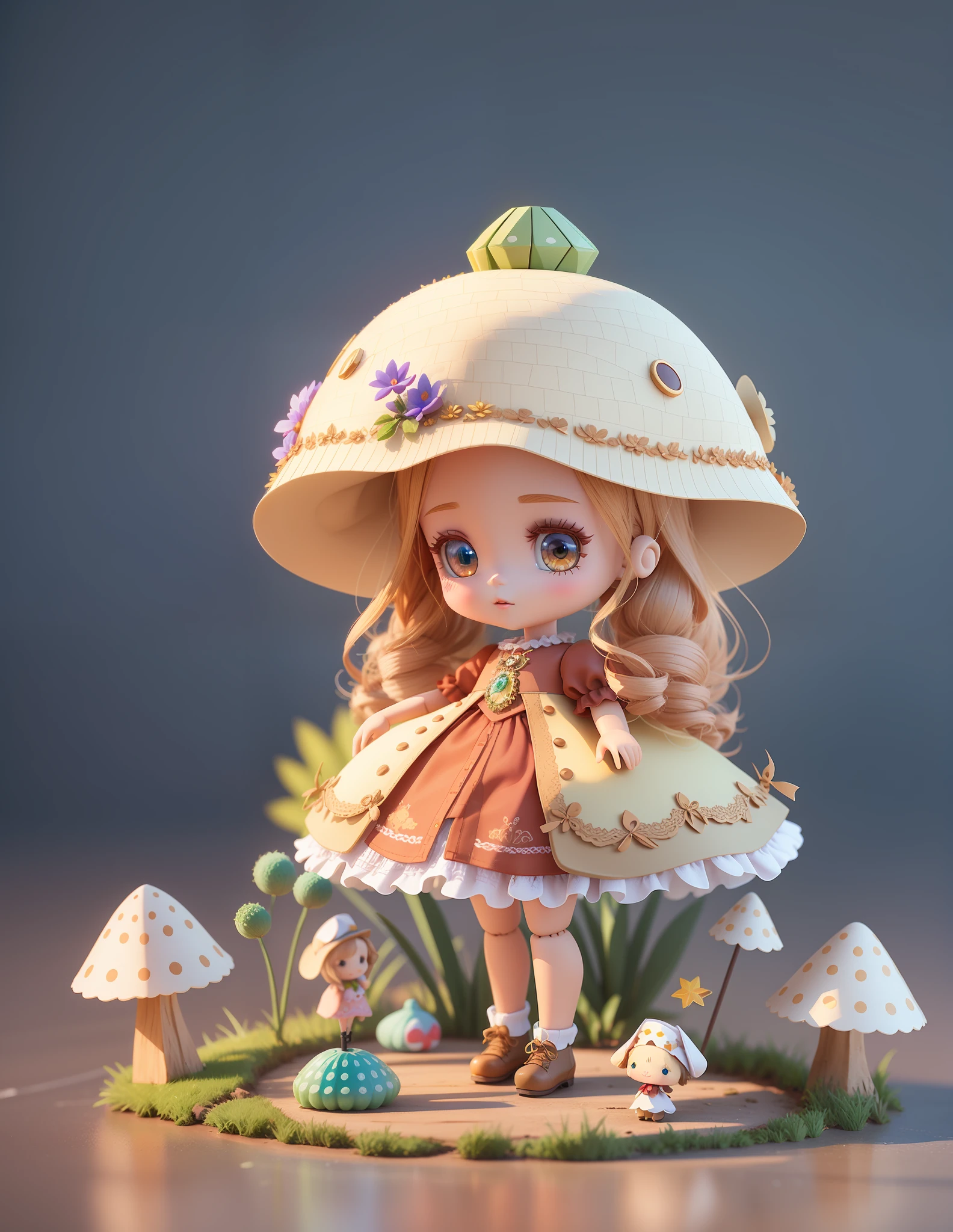 This is a little doll standing on the grass with a hat, very cute, detailed presentation with 3D rendering technology, digital art stylized expression. Render a cute 3D anime girl,
Stylized rendering, with the simultaneous appearance of a cute ceramic doll and a super detailed fantasy character, all presented in a stylized 3D rendering. There will also be cute images of forest creatures and digital art,
The background depicts the atmosphere of April.