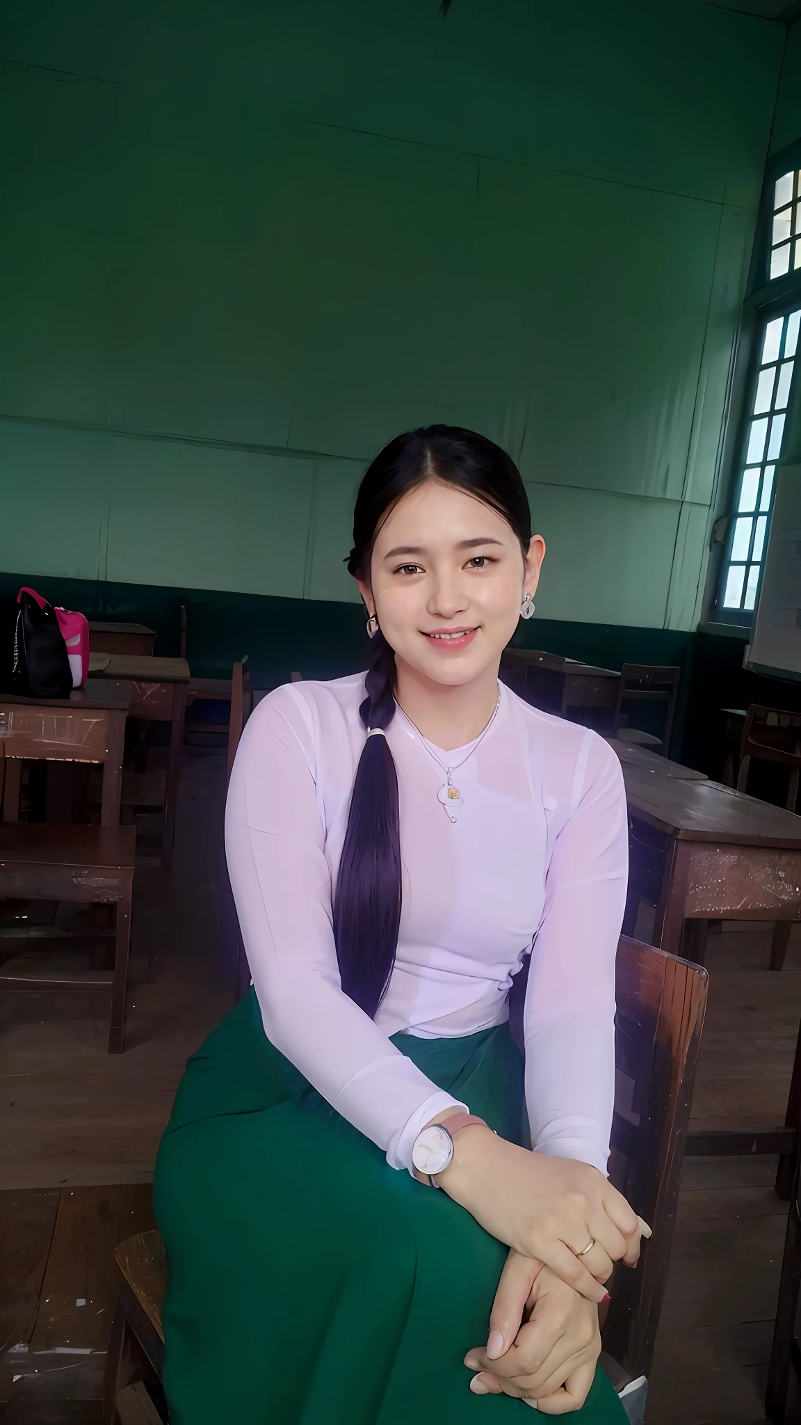 there is a woman sitting in a chair in a classroom, photo taken in 2 0 2 0,Big Tips,Big Breasts,Sexy Body(perfect female figure)), Milf, looking at the viewer, mature woman,legs open from the front, sexy pose, attractive,(no wet shirt showing naked breasts, transparent and unbuttoned breasts, you can see her breasts (student)), dark and pointed tits, dark nipple