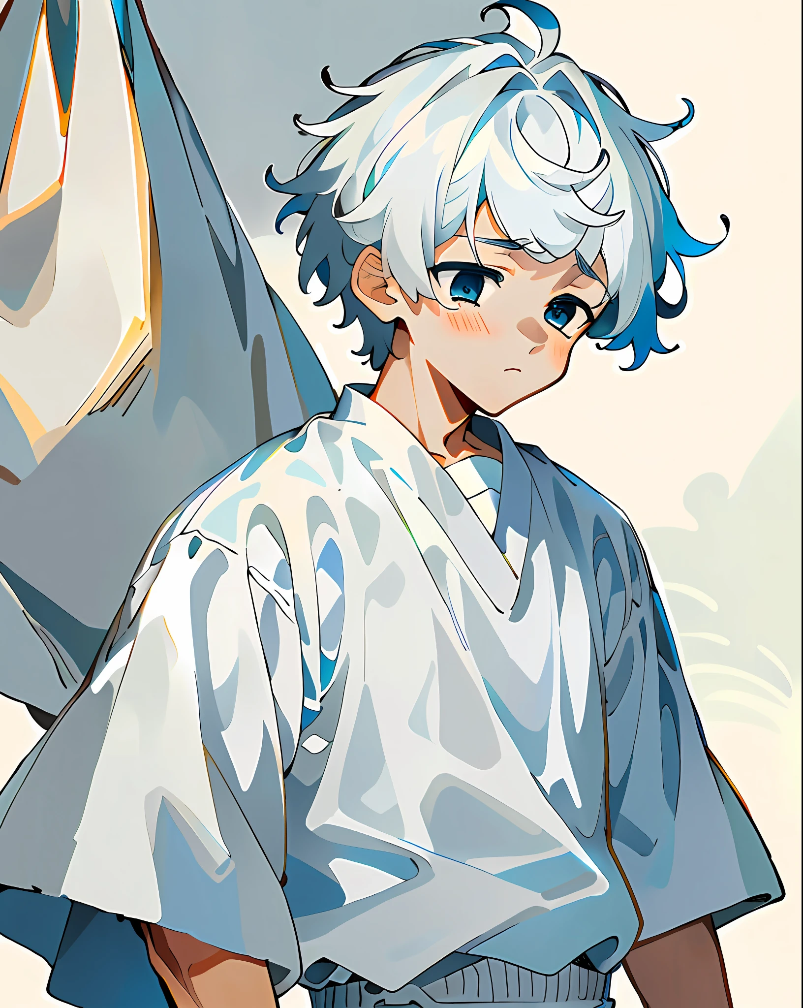 masterpiece, best quality, ultra detailing, 1 boy, upper body, ((sad, :(: 1.2))), ((front view: 1.2)), character design, white hair, short hair, blue eyes, ((white clothing)), cloth pants, white background, little boy,