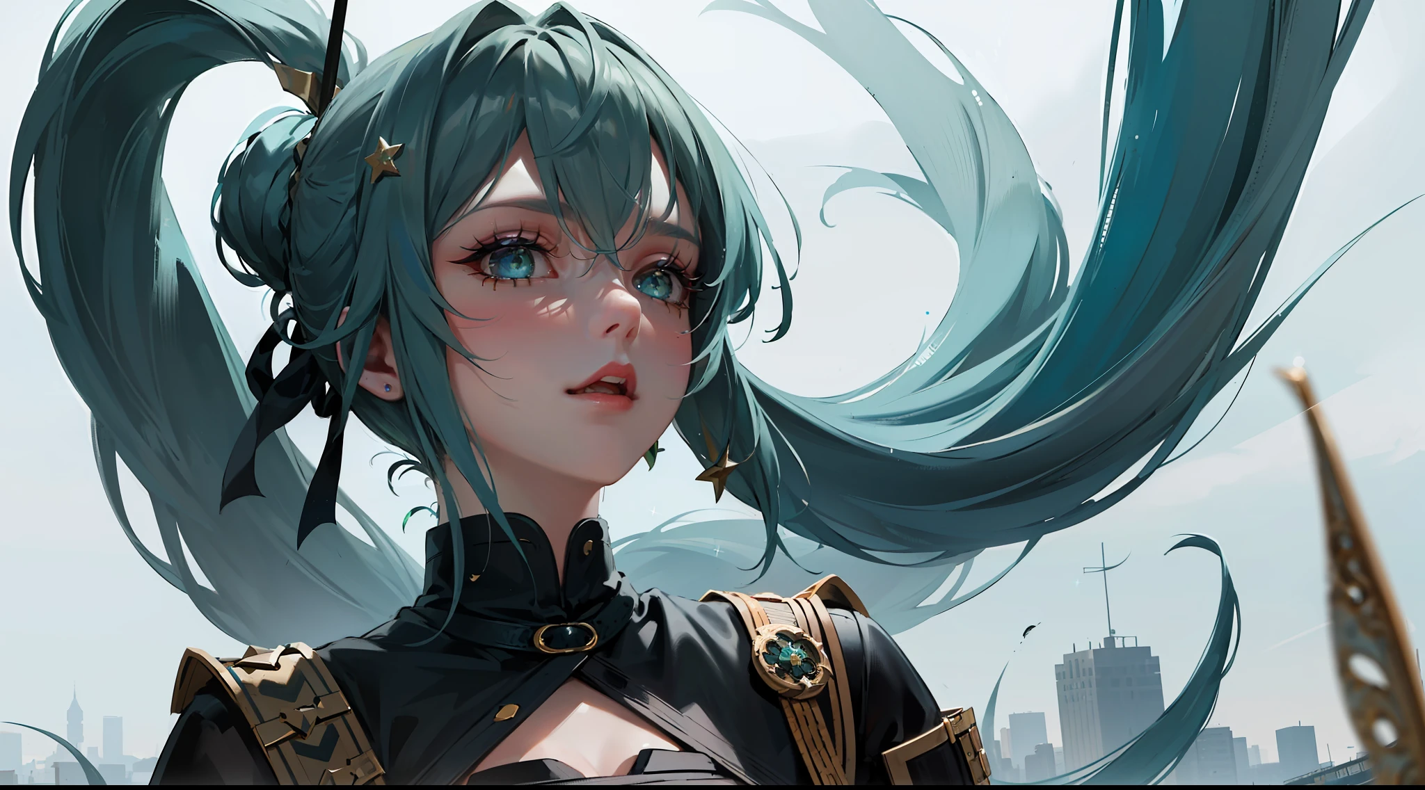 (masterpiece), (best quality), (super detailed), (dirty hair), (illustration), (1 girl) (long blue-green hair 1.5) (blue eyes) (double ponytail 2.0), (stylish outfit), (stylish outfit), (fashion model looking at the audience, (interview), (simple background), beautiful detailed eyes, delicate beautiful face, soaring (high saturation), (colorful glitter), multi-colored bubbles, (glitter), accent on the face
