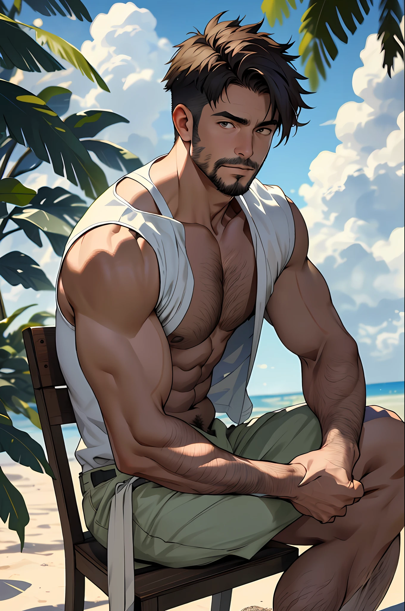 Best quality, masterpiece, expressionless,ultra high res,detailed background,realistic,1man,solo,male,muscular,mature male,short hair,facial hair,sitting,clouds,winds,real shadow and light,depth of field,chest, underwear, feather