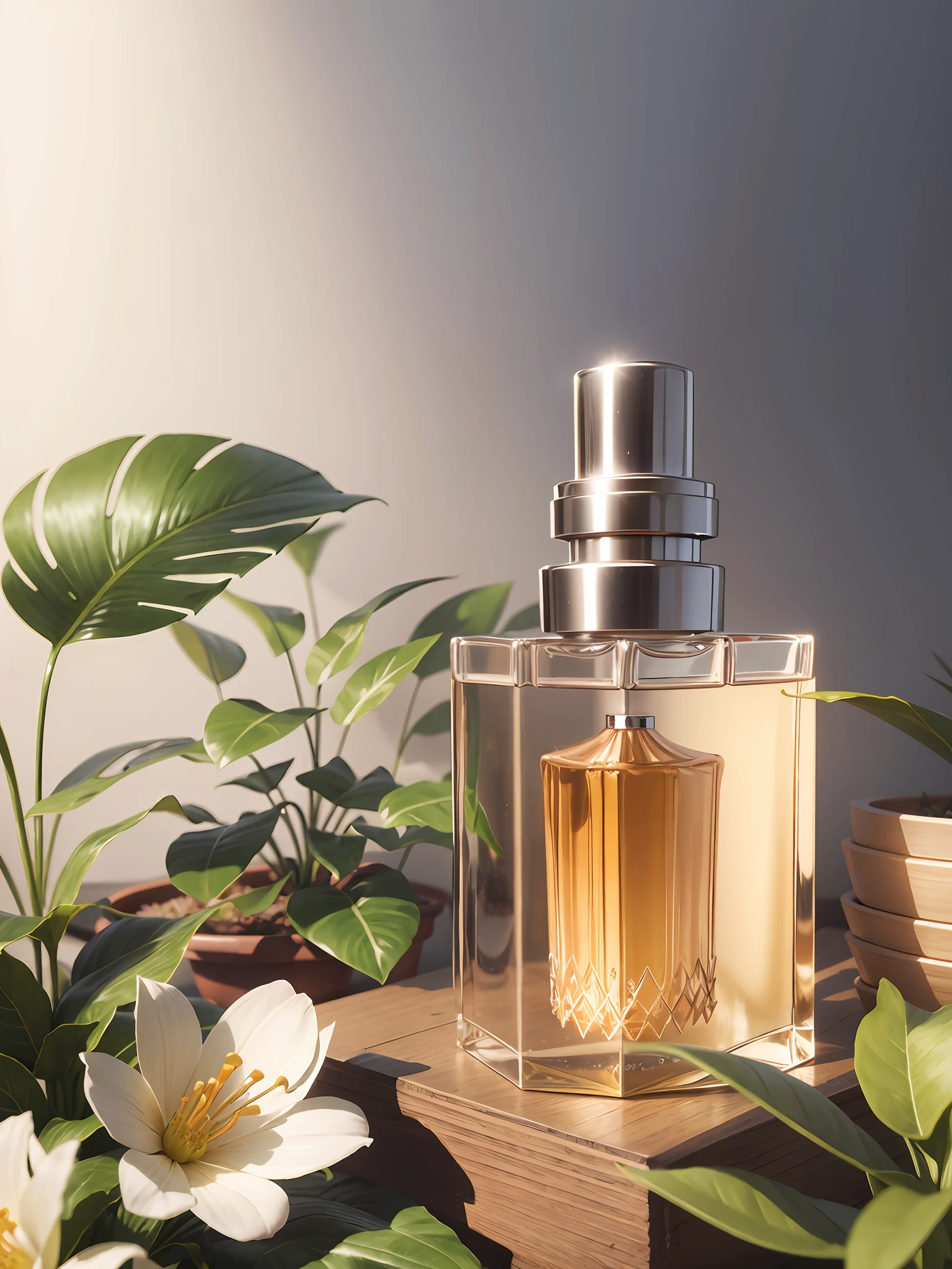Product photography of a perfume bottle arranged with plants and flowers, realistic, light background, realistic rendering --v 6