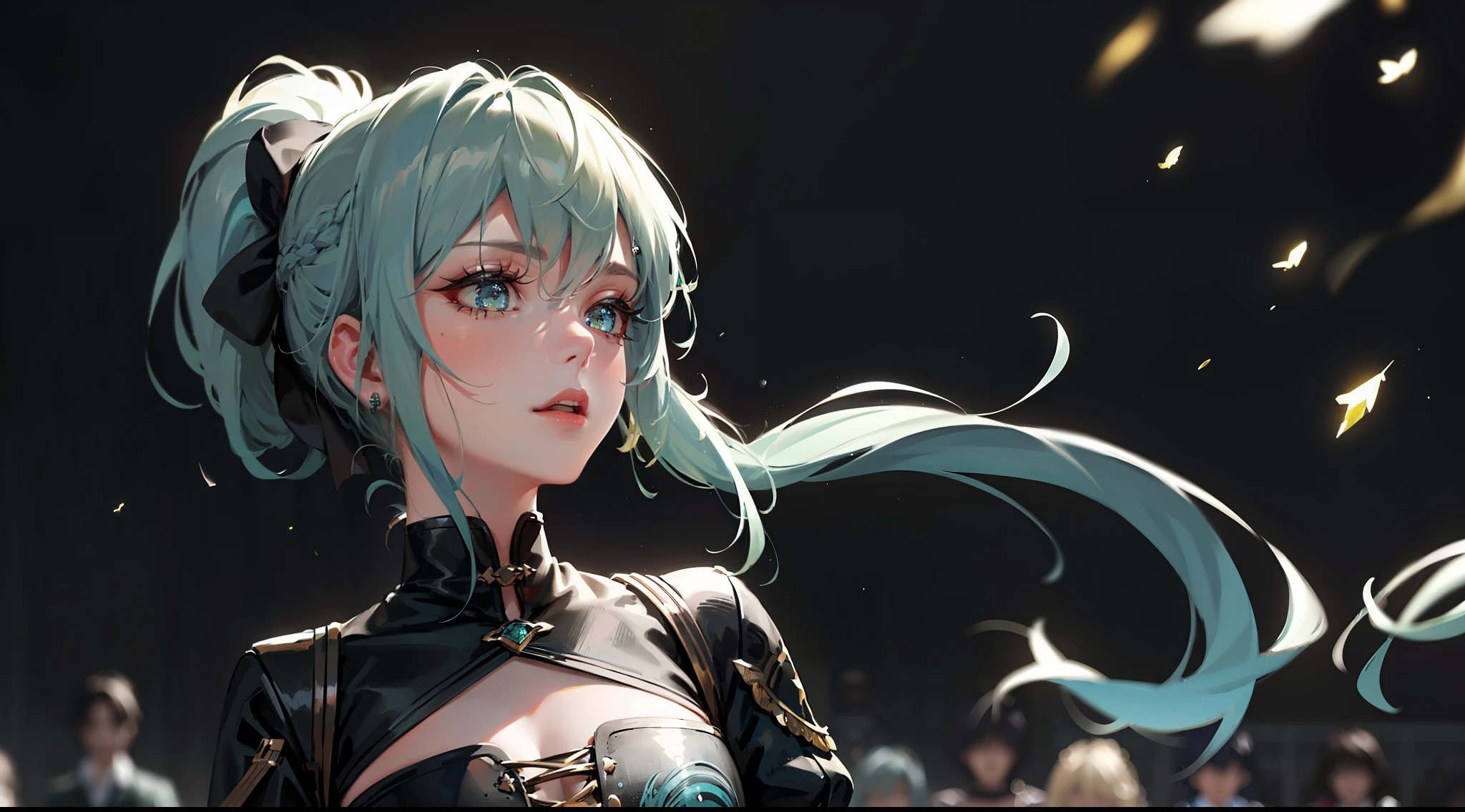 (masterpiece), (best quality), (super detailed), (dirty hair), (illustration), (1 girl) (long blue-green hair 1.5) (blue eyes) (double ponytail 2.0), (stylish outfit), (stylish outfit), (fashion model looking at the audience, (interview), (simple background), beautiful detailed eyes, delicate beautiful face, soaring (high saturation), (colorful glitter), multi-colored bubbles, (glitter), accent on the face
