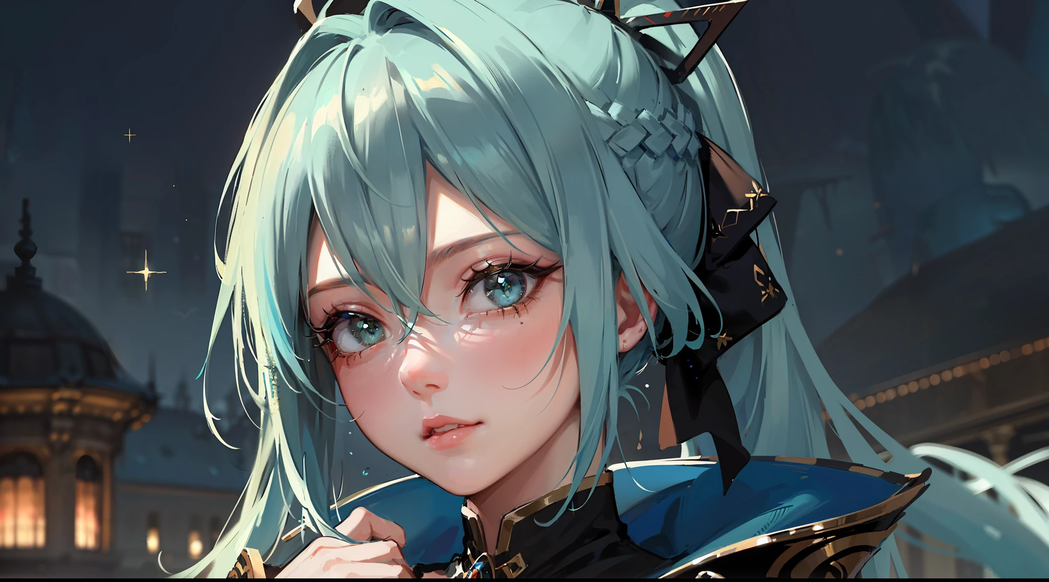 (masterpiece), (best quality), (super detailed), (dirty hair), (illustration), (1 girl) (long blue-green hair 1.5) (blue eyes) (double ponytail 2.0), (stylish outfit), (stylish outfit), (fashion model looking at the audience, (interview), (simple background), beautiful detailed eyes, delicate beautiful face, soaring (high saturation), (colorful glitter), multi-colored bubbles, (glitter), accent on the face