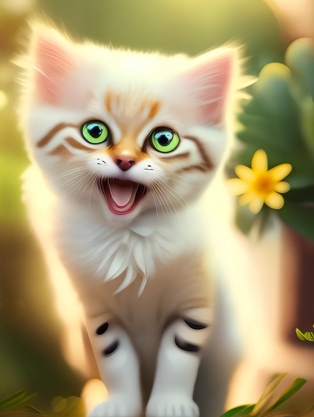 Very cute furry white tropical punk kitten, big eyes, flowers, bushes, full body, open mouth, laugh, professional light, depth of field 8k, golden magic moment, professional photography, octane rendering, super realistic - amazing sunlight, dynamic composition, photography, sharp focus, background bokeh, open mouth, laugh !!!