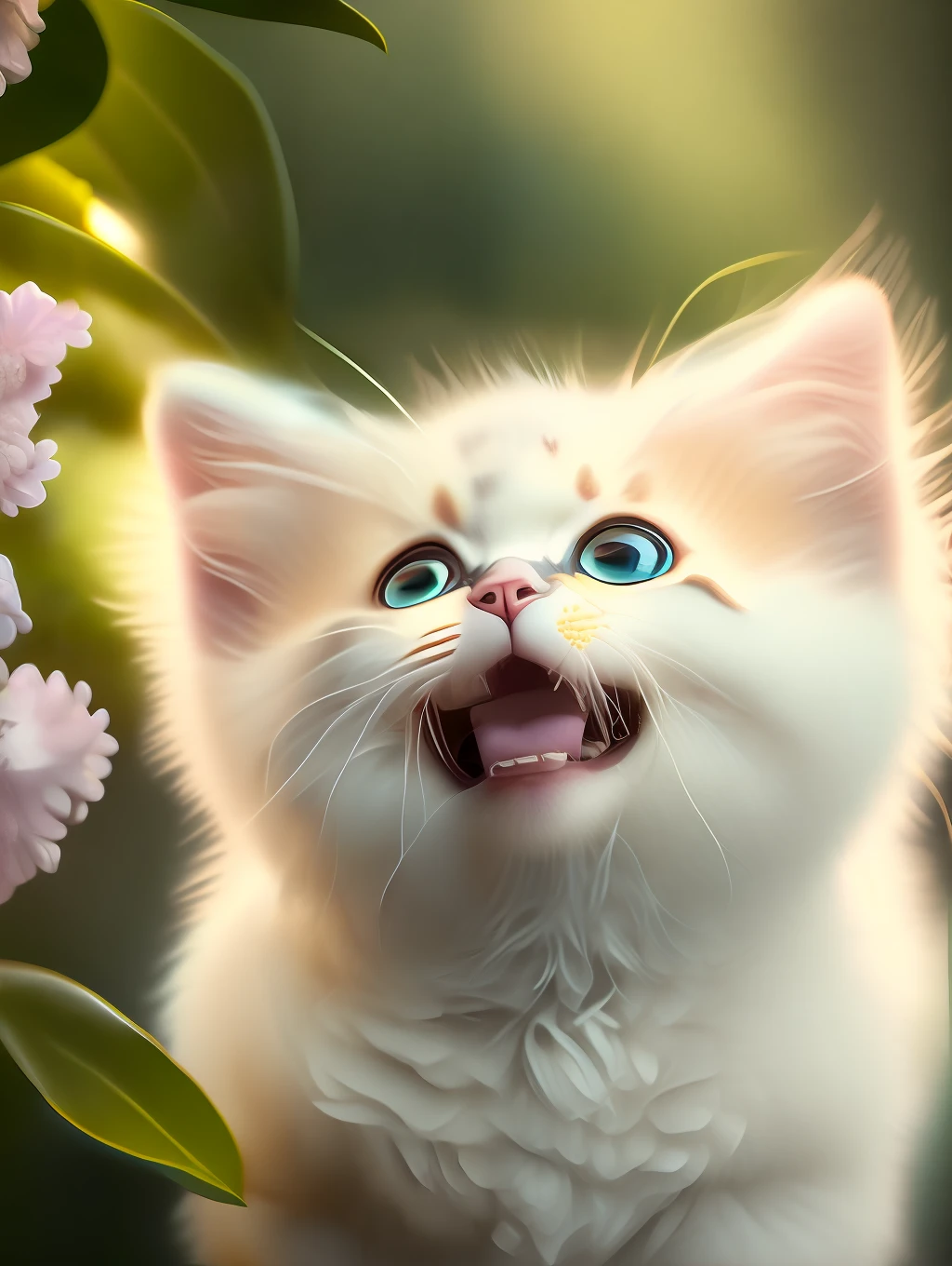 Very cute furry white tropical punk kitten, big eyes, flowers, bushes, full body, open mouth, laugh, professional light, depth of field 8k, golden magic moment, professional photography, octane rendering, super realistic - amazing sunlight, dynamic composition, photography, sharp focus, background bokeh, open mouth, laugh !!!
