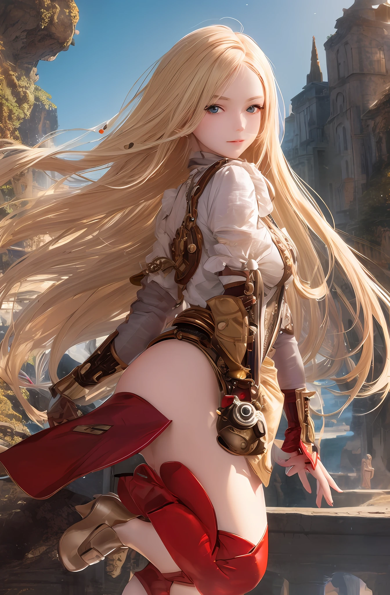 best quality, masterpiece, upper body,
woman,
windblown blonde hair,
sparkling eyes,
steampunk nude
windy, red shoes