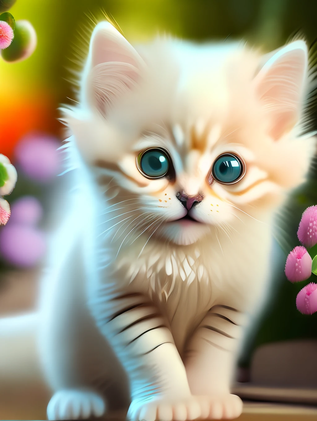 Very cute furry white tropical punk kitten, big eyes, flowers, bushes, full body, open mouth, laugh, professional light, depth of field 8k, golden magic moment, professional photography, octane rendering, super realistic - amazing sunlight, dynamic composition, photography, sharp focus, background bokeh, open mouth, laugh !!!