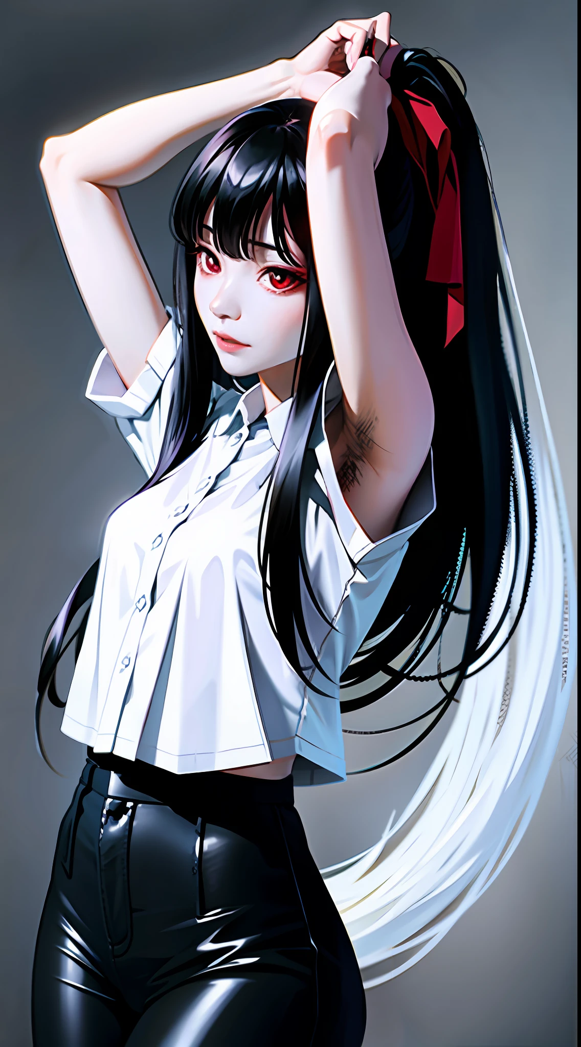yamamura sadako, Sadako yamamura ghost woman in the direction of the viewer in an abandoned basement, she is beautiful, has pale skin, black hair, red eyes, is in black lipstick, barefoot, black leather pants, bold, dominant, very white, very pale, very white skin, domineering, dark, fearless, cold eyes, very red eyes, scarlet eyes