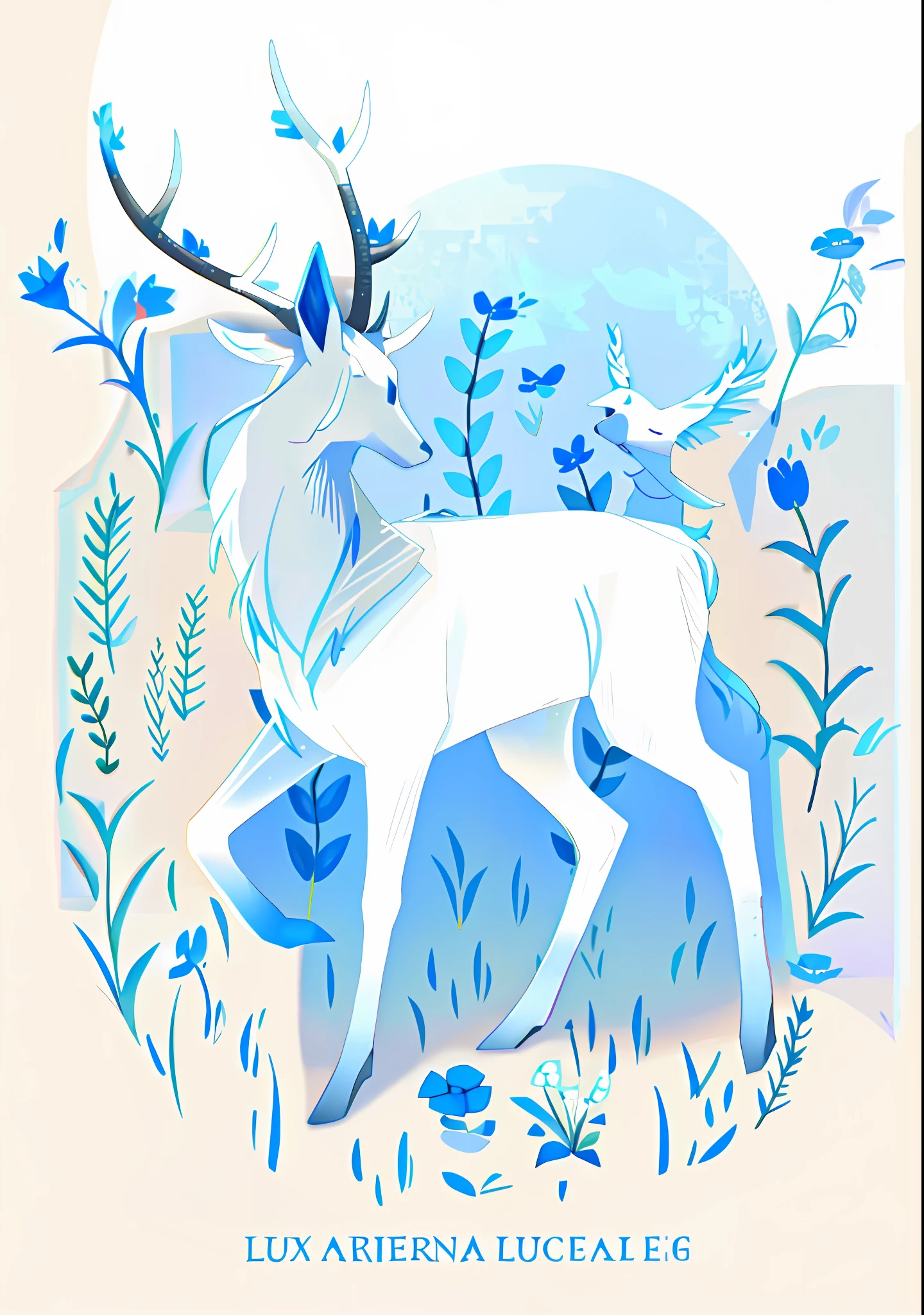High quality, high detail, 8k, a white deer standing in the blue flowers, a white deer, a small bird, mythical creatures, a deer in cold tones