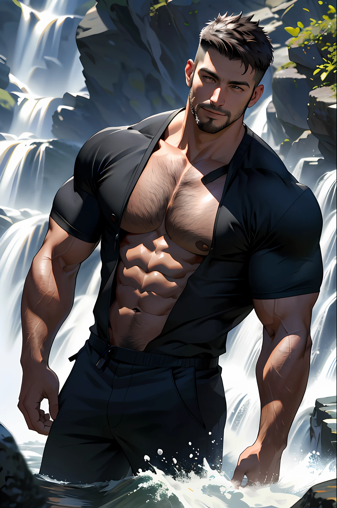 Best quality, masterpiece, expressionless,ultra high res,detailed background,realistic,1man,solo,male,muscular,mature male,short hair,facial hair,under waterfall,water,real shadow and light,depth of field, chest