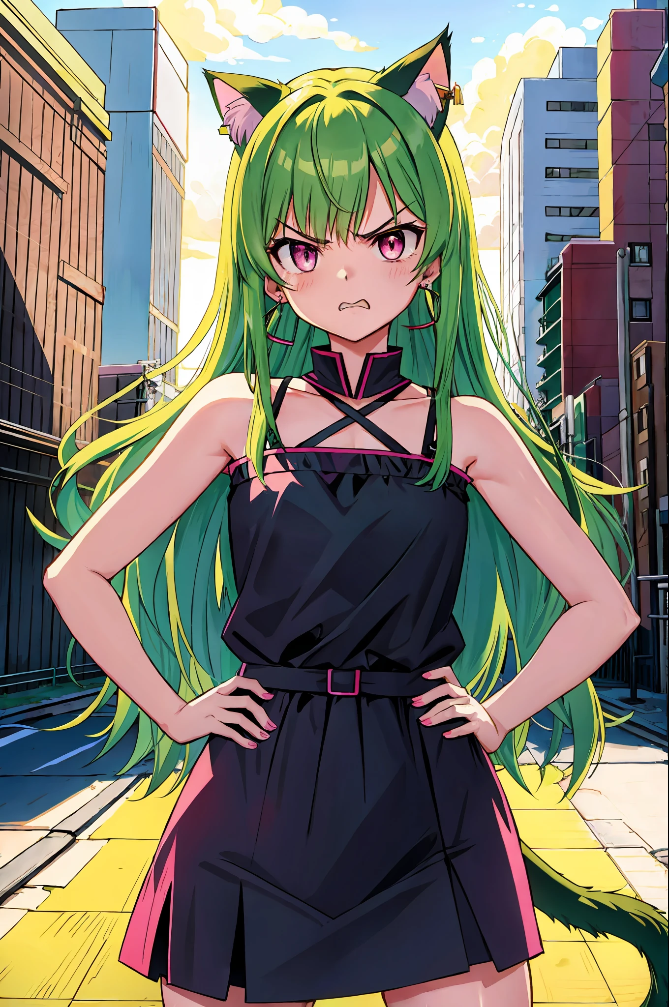Angry,Cat tail,Earrings,Cat ears,green_hair,hands on hips,pink eyes,Wariza,Cinematic Lighting,Illustration,长发,