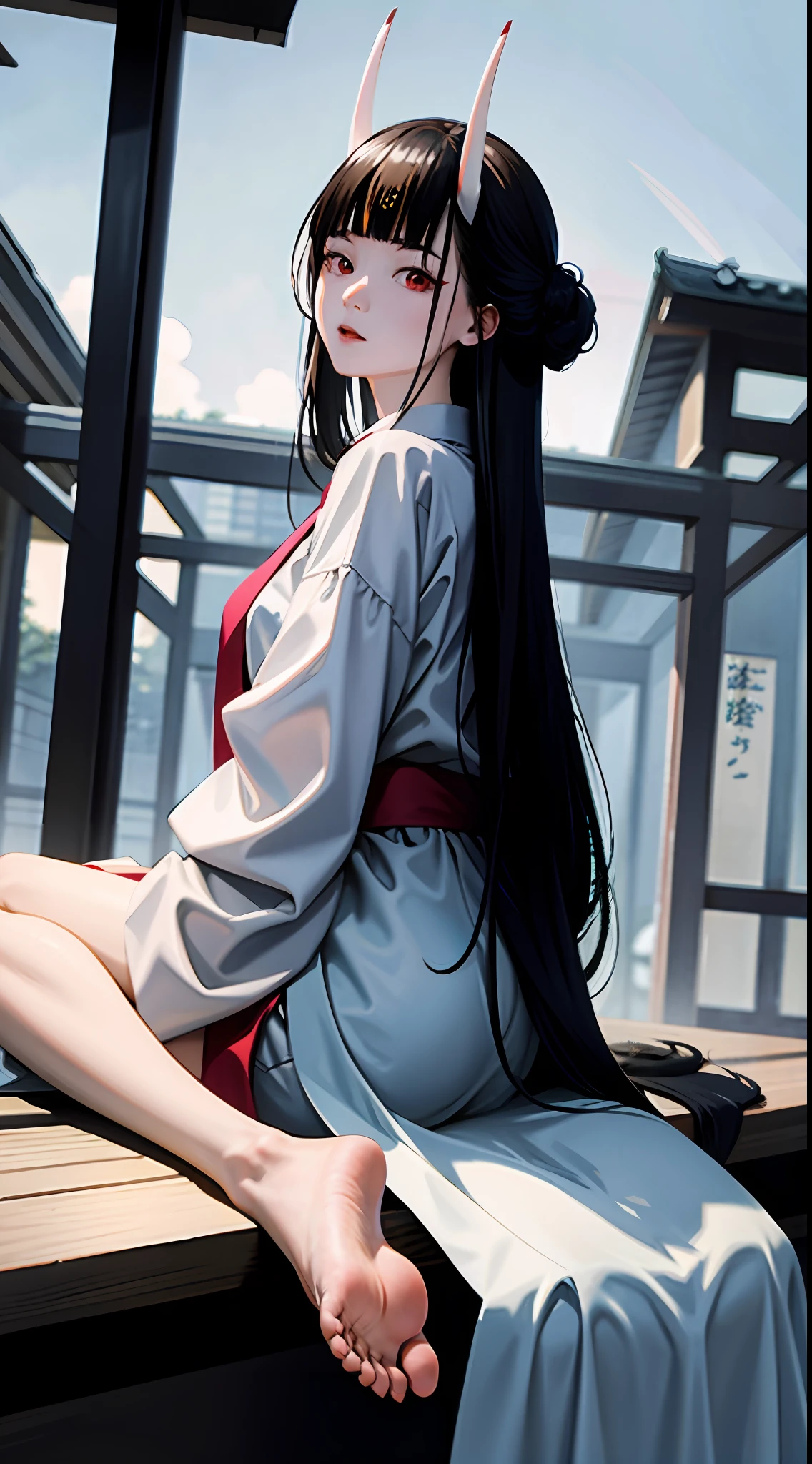 yamamura sadako, sadako yamamura ghost woman feet in the direction of the viewer, feet in the scene, feet on top, licking, black hair, red eyes, very pale skin, very white skin