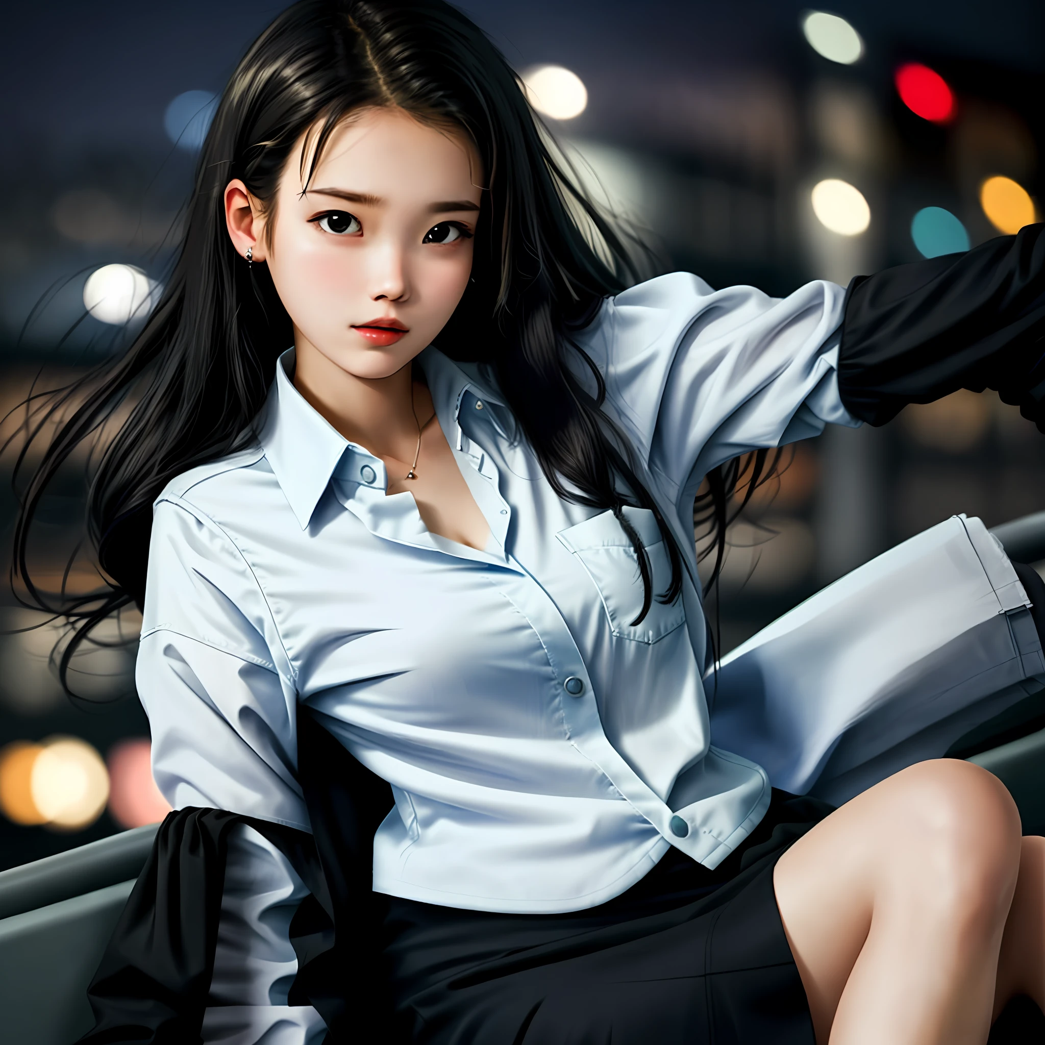 Masterpiece, 18 years old girl, 1 girl, office dress, night city background
