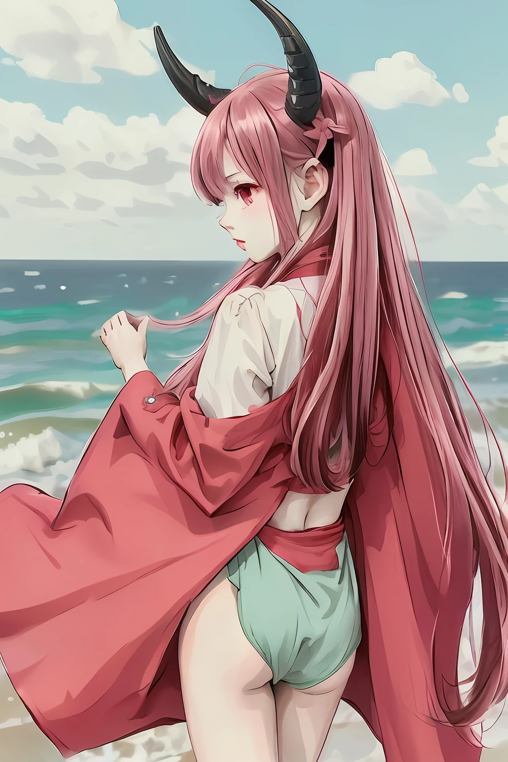 Pale pink hair, girly, red triangle horns, ruby green iris, seaside reef, standing back, turning back, hands behind hands, summer evening breeze blowing