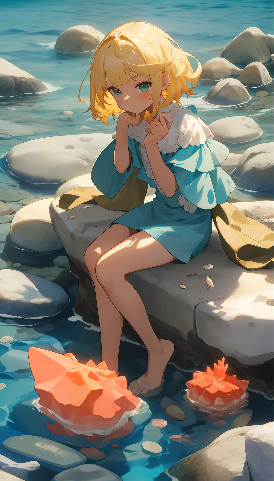 there is a young girl, blonde hair sitting on a stone in the water, sitting on stones, sitting on a stone, on a stone, by the sea, on the ocean, near the beach, photo shoot, by the sea, strewn with corals and shells, posing on the beach by the sea, Crimea, rocks, wind,