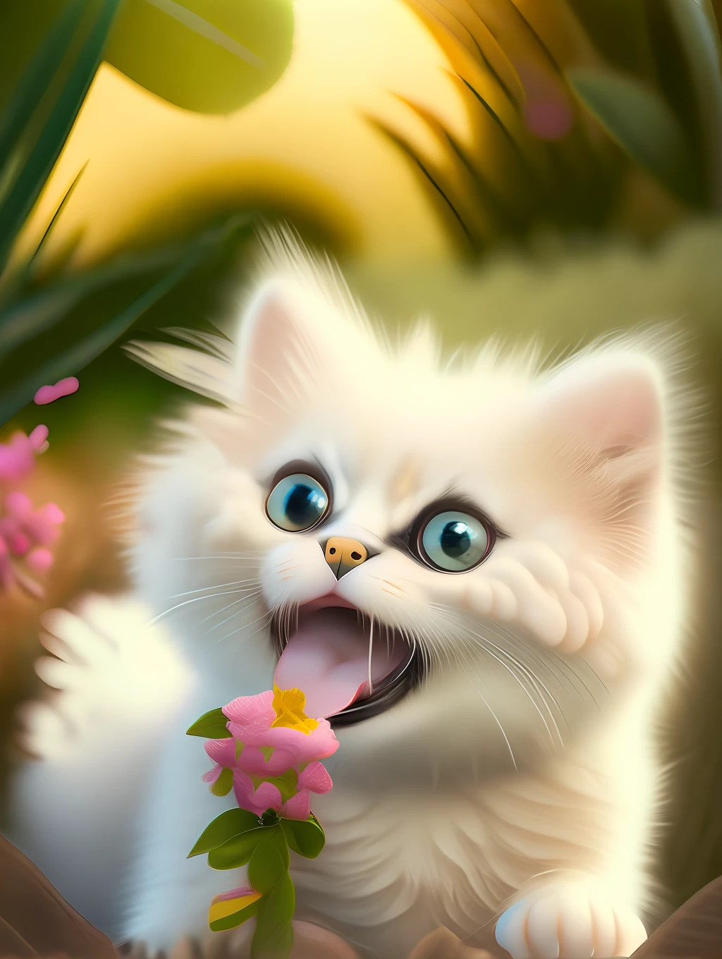 Very cute furry white tropical punk kitten, big eyes, flowers, bushes, full body, open mouth, laugh, professional light, depth of field 8k, golden magic moment, professional photography, octane rendering, super realistic - amazing sunlight, dynamic composition, photography, sharp focus, background bokeh, open mouth, laugh !!!
