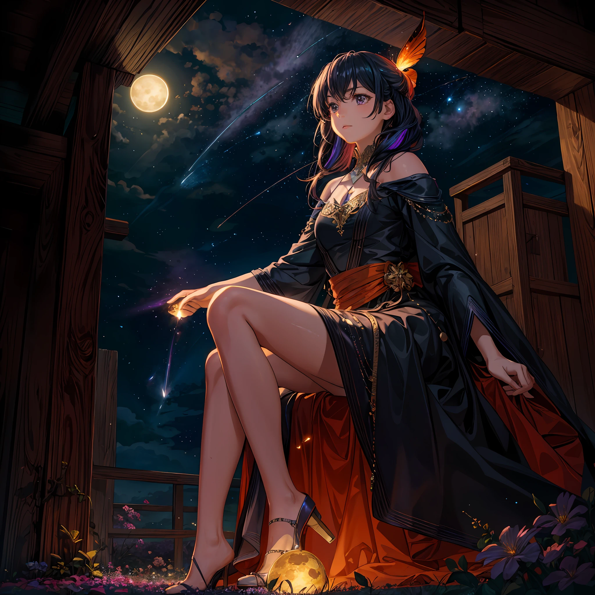 expansive landscape photograph , (a view from below that shows sky above and open field below), a girl lying down on flower field looking up, (full moon:1.2), ( shooting stars:0.9), (nebula:1.3), distant mountain, tree ,rain bow, Starry night,BREAK
production art, (warm light source:1.2), (Firefly:1.2), lamp, lot of purple and orange, intricate details, volumetric lighting, realism BREAK
(masterpiece:1.2), (best quality), 4k, ultra-detailed, (dynamic composition:1.4), highly detailed, colorful details,( iridescent colors:1.2), (glowing lighting, atmospheric lighting), dreamy, magical, (solo:1.2)