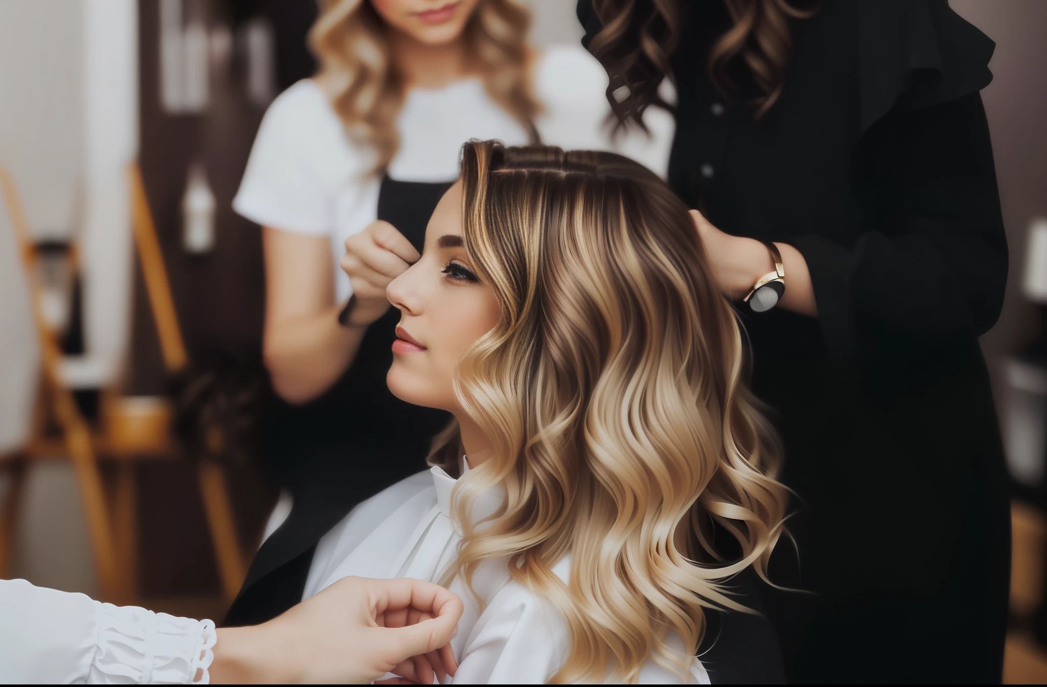 A close-up of a woman made by a hairstylist, balayage, big highlights, hair coloring, wavy shoulder-length hair, wavy hairstyle, styled hair, brunette with dyed blonde, gorgeous hair, nicholette McNamara, charming hair, charming hair, curly blonde | D&D