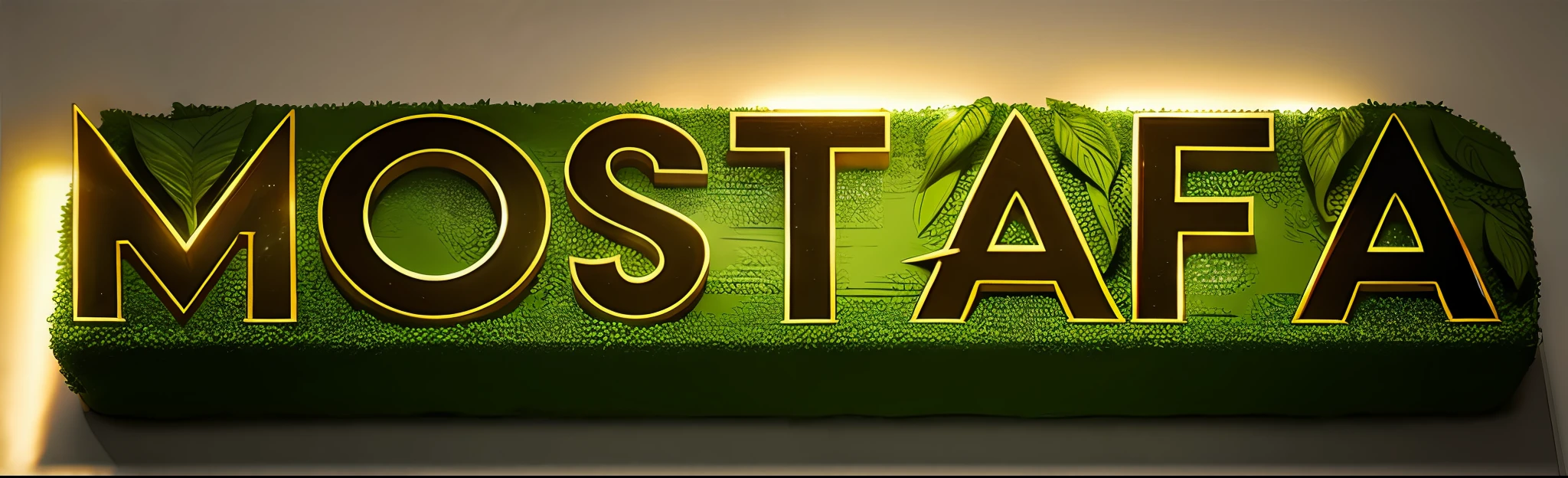 make garden made of leafs, product photography ,bright lights,artifact , realistic, masterpiece , letters, a close up of a borcelaine text that reads "mostafa" , cake, cgi, creative, innovative,artstaton