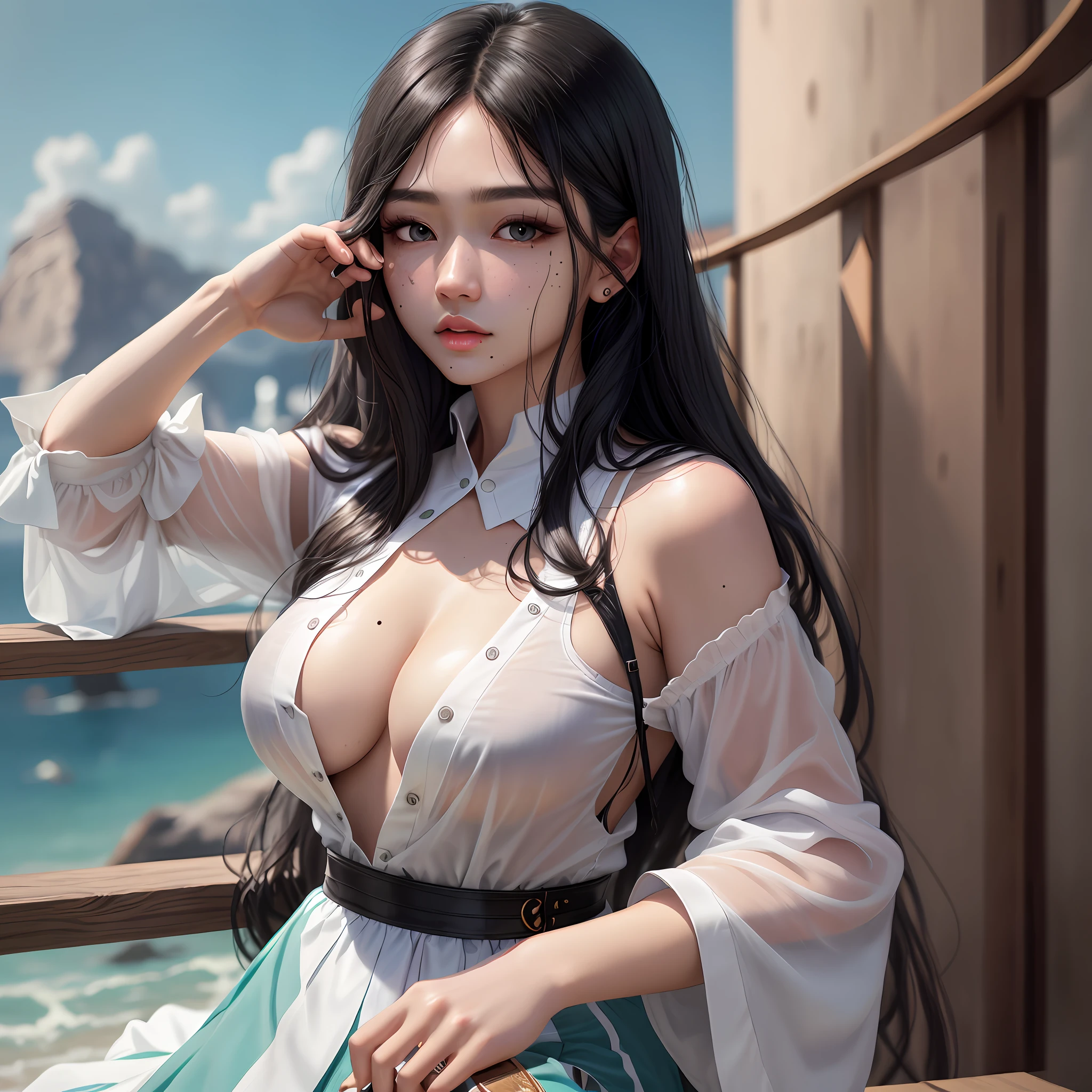 black hair, mole under eye, aqua eyes, pout, high detail, masterpiece, UHD, ccurate, high details, high quality, best quality, highres, 4K, Unbuttoned white shirt, 躺在床上, 乳沟, 美女