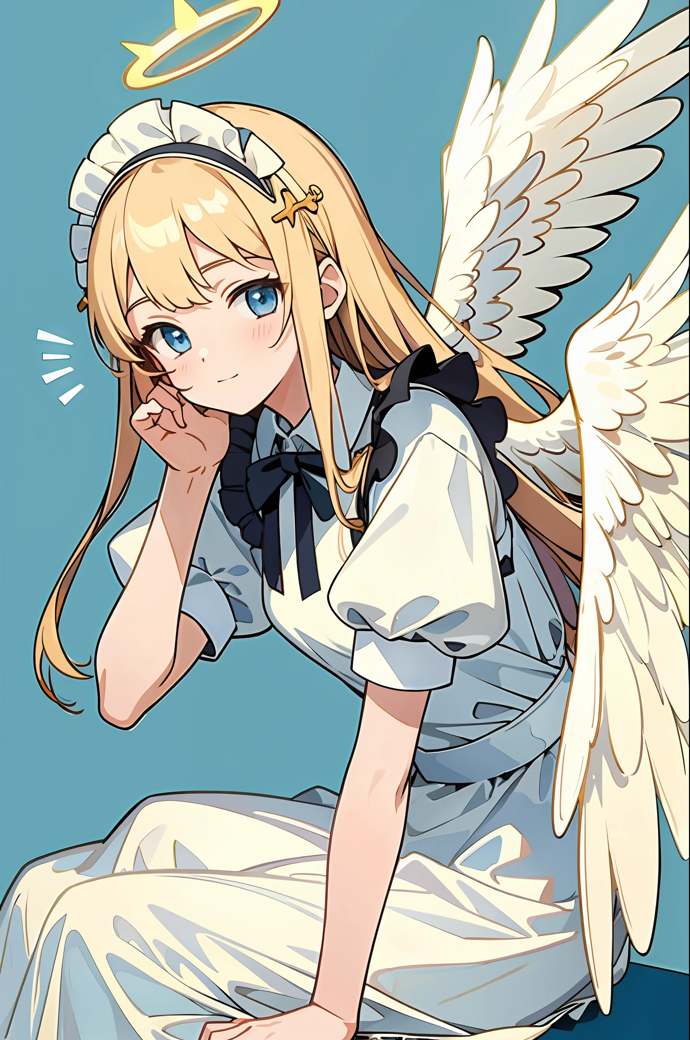 (masterpiece, best quality) detailed, 1girl, solo, angel maid, halo, golden hair, angel wings