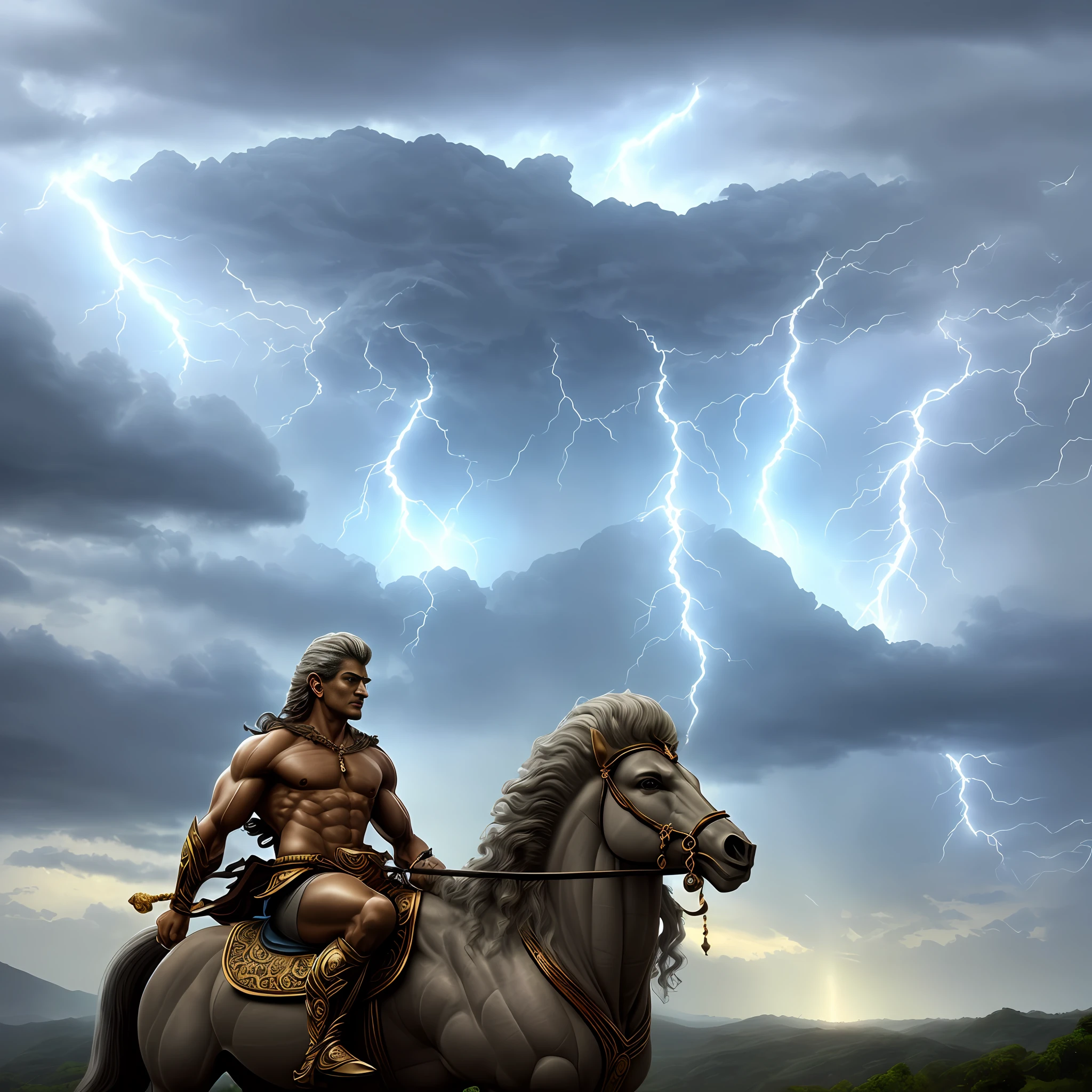 (majestic and powerful, masterpiece, ultra-detailed CG unity wallpaper),(best quality, best illumination, best shadow, extremely delicate and beautiful), 

[(((1 muscular god lord Indira)),shirtless, muscular, heroic, divine, gaze, holding a sword, flowing hair, blue eyes, tattoos, golden accessories, divine background): 1], 

(dramatic light, dynamic angle, thunderous sky, clouds, lightning bolts, storm brewing), 

[(ornamented floating rocks, majestic waterfalls, illuminated by sunlight): 0.5]
