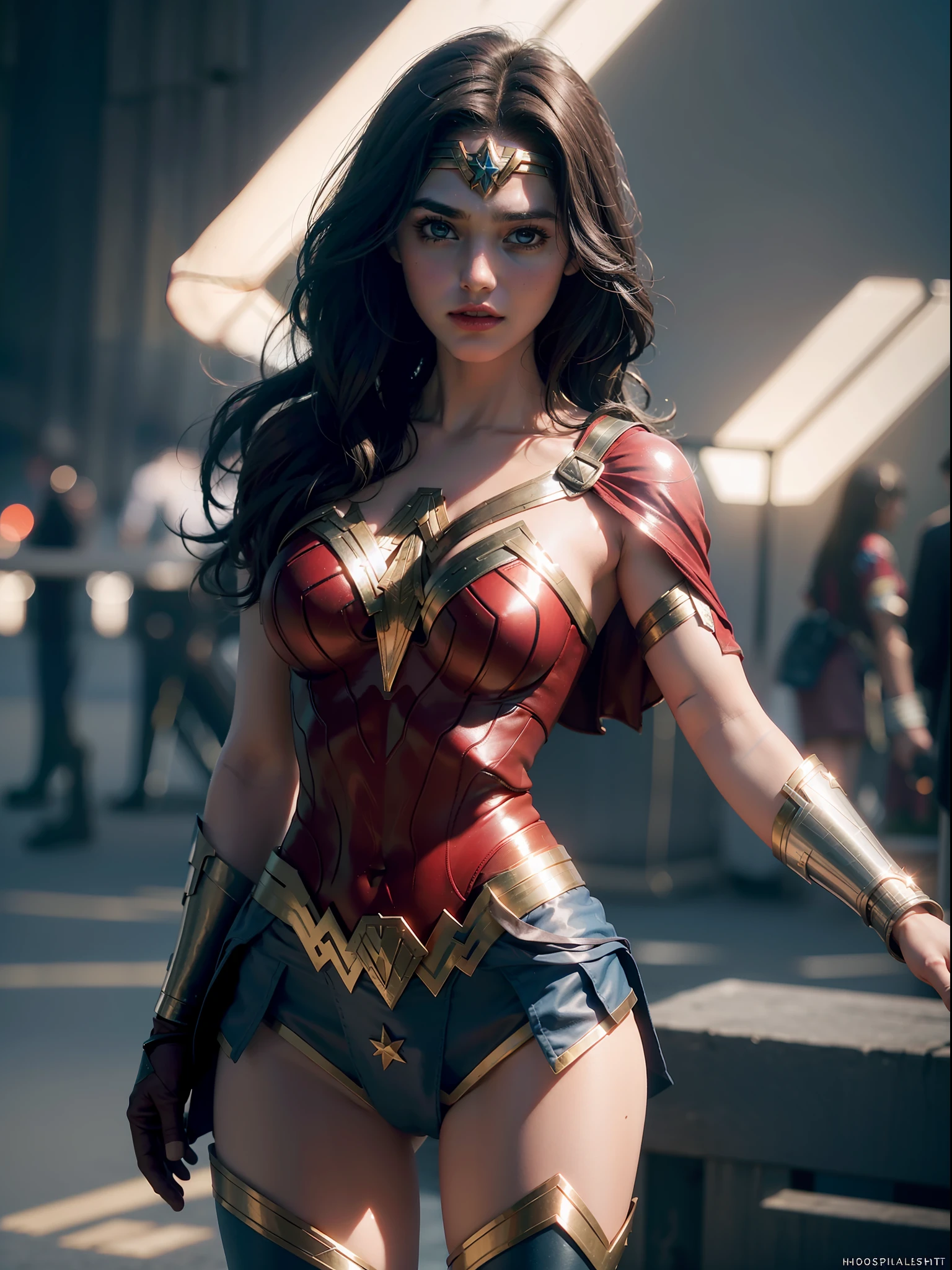 wearing wonder_woman_cosplay_outfit, in front of a sky, good hand,4k, high-res, masterpiece, best quality, head:1.3,((Hasselblad photography)), finely detailed skin, sharp focus, (cinematic lighting), night, soft lighting, dynamic angle, [:(detailed face:1.2):0.2], medium breasts, outside,