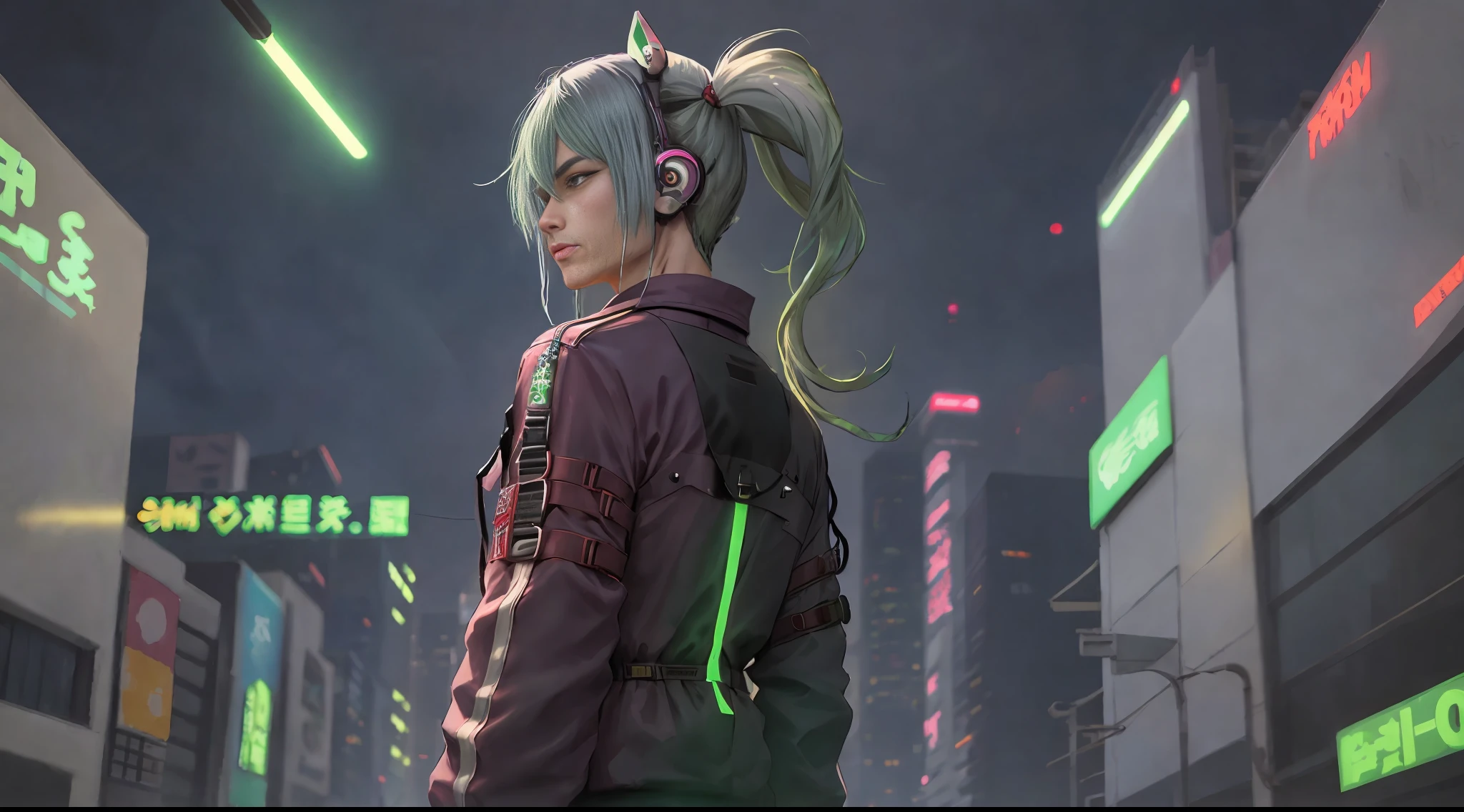 2D art, 2D characters, 1boy, cyberpunk, green, Shikigami, neon, masterpiece, Japanese style