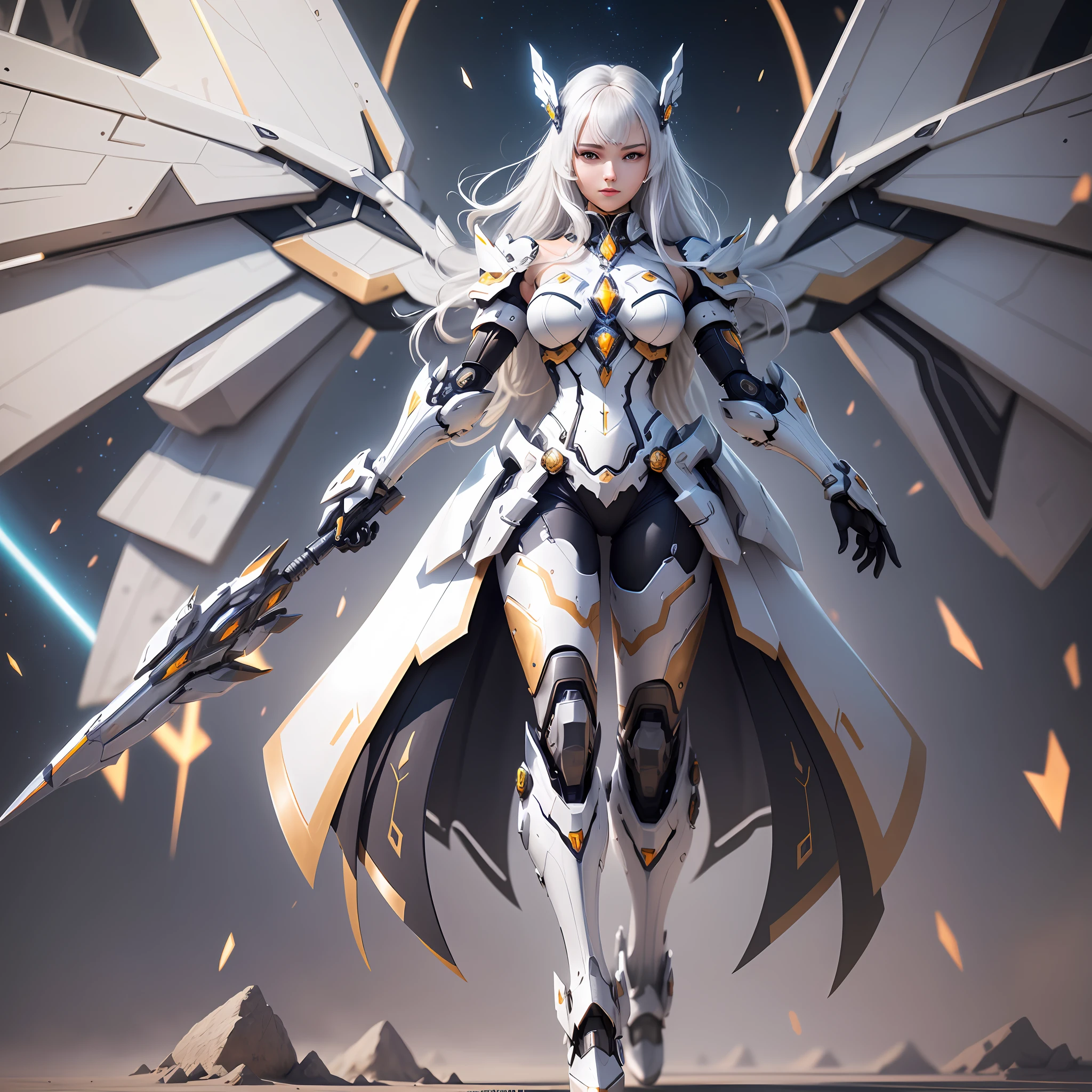 Armor parts: The armor parts of the shoulders and chest are made of high-quality metal materials, A crystal-textured decoration is added to the surface. The entire armor looks very refined, Futuristic, The crystal-textured decoration makes it even more dazzling., Mechanical wings: The unfolding state of mechanical wings is very impressive, It is made of high-strength metal materials, And added a crystal texture decoration. The structure of mechanical wings is very complex, The whole section consists of many small parts, It has a very high level of practicality., Arms and hands: The arms and hands are designed with ultra-strong metal, A crystal-textured decoration is added to the surface. The hand is equipped with a telescopic robotic arm and an energy shield, Very practical., Legs and feet: The legs and feet are designed with high-strength metal materials, A crystal-textured decoration is added to the surface. The feet are equipped with jet thrusters and claw devices, Very stable and powerful., ((Mechanical Lady, Invincible mecha)), Pure white long hair, The world's best image quality in ultra-8K, Unlimited freedom to display the dynamic posture of the mech, The facial features are exquisite, Skin is translucent and radiant, The world's best image quality of over 8K, Show the infinite freedom and dynamic posture of the mech, The facial features are flawless and delicate, Nice face, indifferent expression, God, Dark style, A sense of oppression, Give surreal feelings. (Realistic) (Surrealism: 1.5), Cosmic background, A black hole that is jetting, Surrealism, ray tracing, blending, stereogram, projected inset, vanishing point, wide shot, UHD, retina, masterpiece, HD, 8k