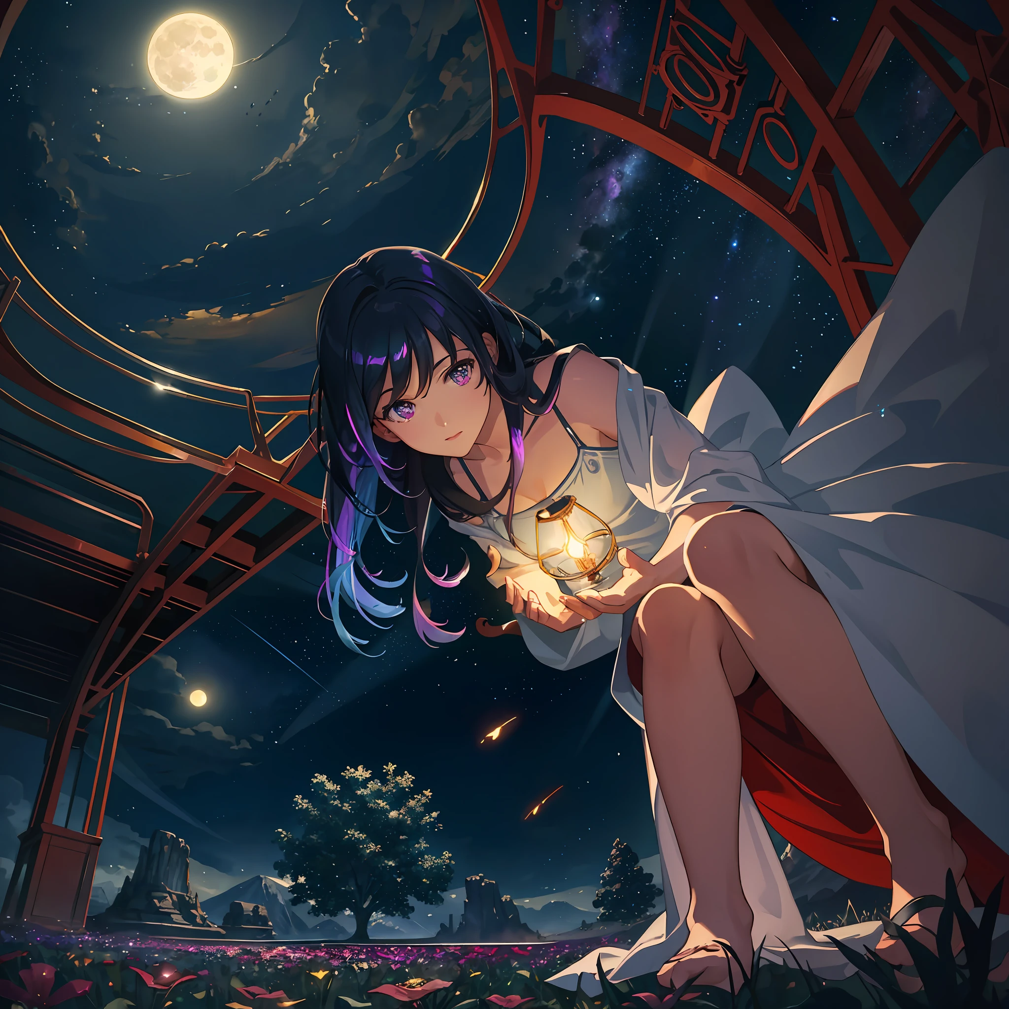 expansive landscape photograph , (a view from below that shows sky above and open field below), a girl lying down on flower field looking up, (full moon:1.2), ( shooting stars:0.9), (nebula:1.3), distant mountain, tree ,rain bow, Starry night,BREAK
production art, (warm light source:1.2), (Firefly:1.2), lamp, lot of purple and orange, intricate details, volumetric lighting, realism BREAK
(masterpiece:1.2), (best quality), 4k, ultra-detailed, (dynamic composition:1.4), highly detailed, colorful details,( iridescent colors:1.2), (glowing lighting, atmospheric lighting), dreamy, magical, (solo:1.2)