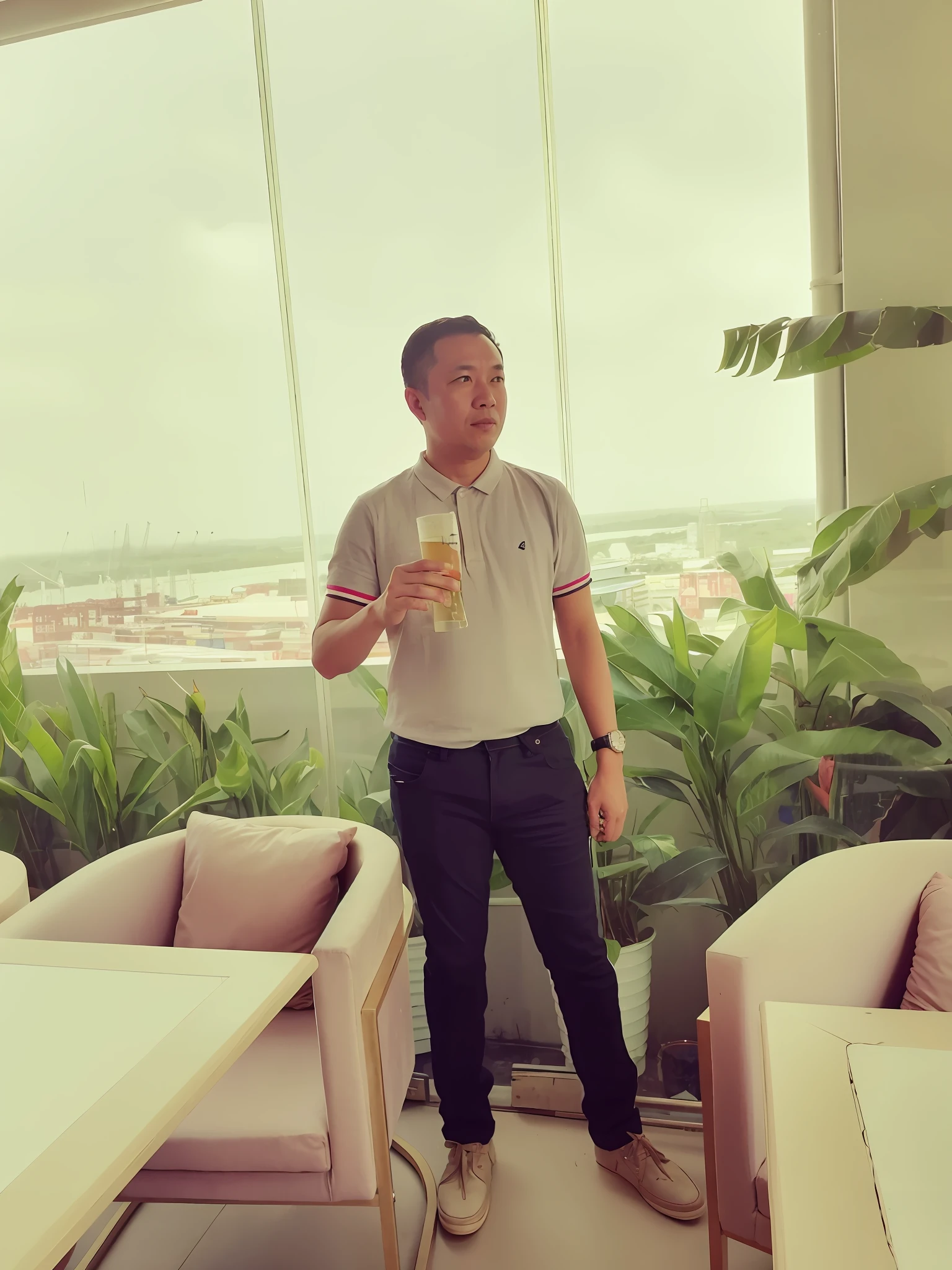 there is a man standing in a room with a glass of beer, dang my linh, hoang long ly, zeng fanzh, full body potrait holding bottle, dzung phung dinh, chill time. good view, with a city in the background, xintong chen, xiang duan, quy ho, huifeng huang