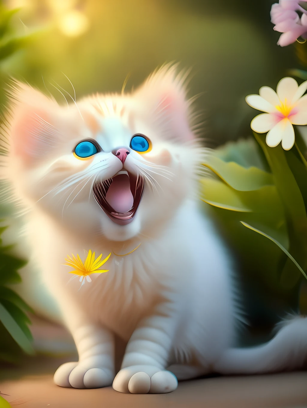 Very cute furry white tropical punk kitten, big eyes, flowers, bushes, full body, open mouth, laugh, professional light, depth of field 8k, golden magic moment, professional photography, octane rendering, super realistic - amazing sunlight, dynamic composition, photography, sharp focus, background bokeh, open mouth, laugh !!!