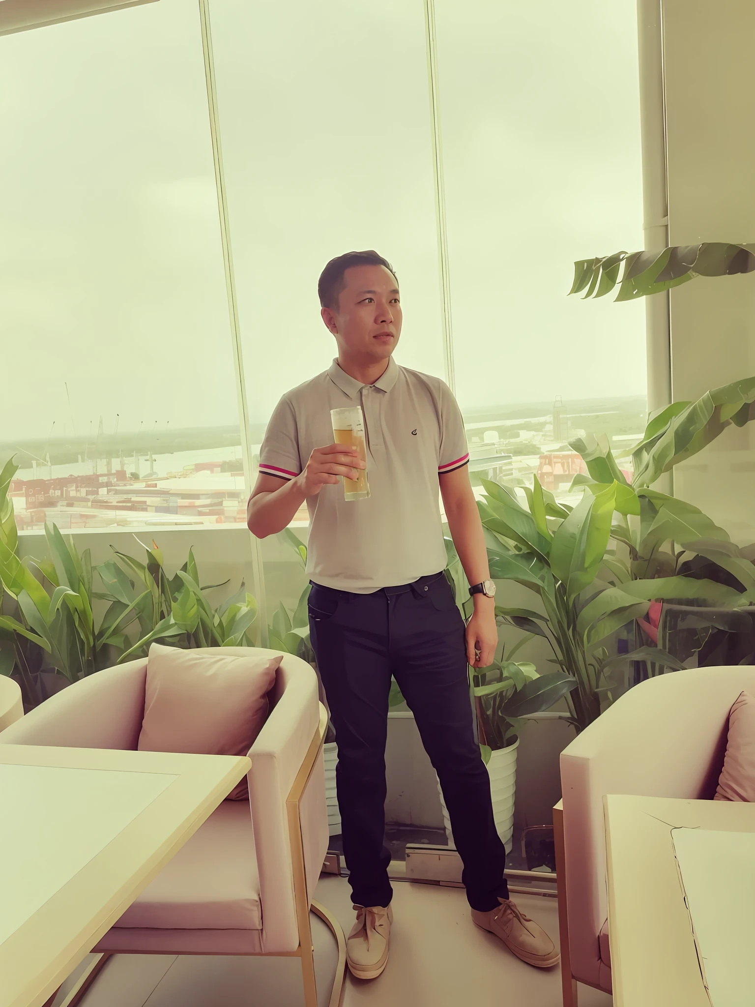 there is a man standing in a room with a glass of beer, dang my linh, hoang long ly, zeng fanzh, full body potrait holding bottle, dzung phung dinh, chill time. good view, with a city in the background, xintong chen, xiang duan, quy ho, huifeng huang
