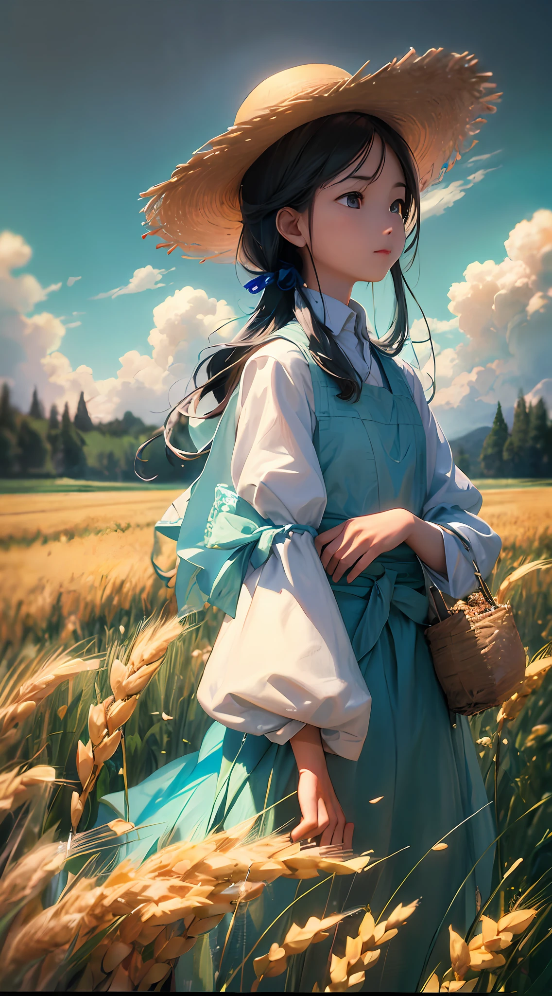 Wheat field, a farmer uncle with a straw hat standing in a wheat field, big clouds, blue sky, rice field, neat rice seedlings in the field, forest, hillside, secluded, rural, HD detail, hyper-detail, cinematic, surrealism, soft light, deep field focus bokeh, ray tracing and surrealism. --v6