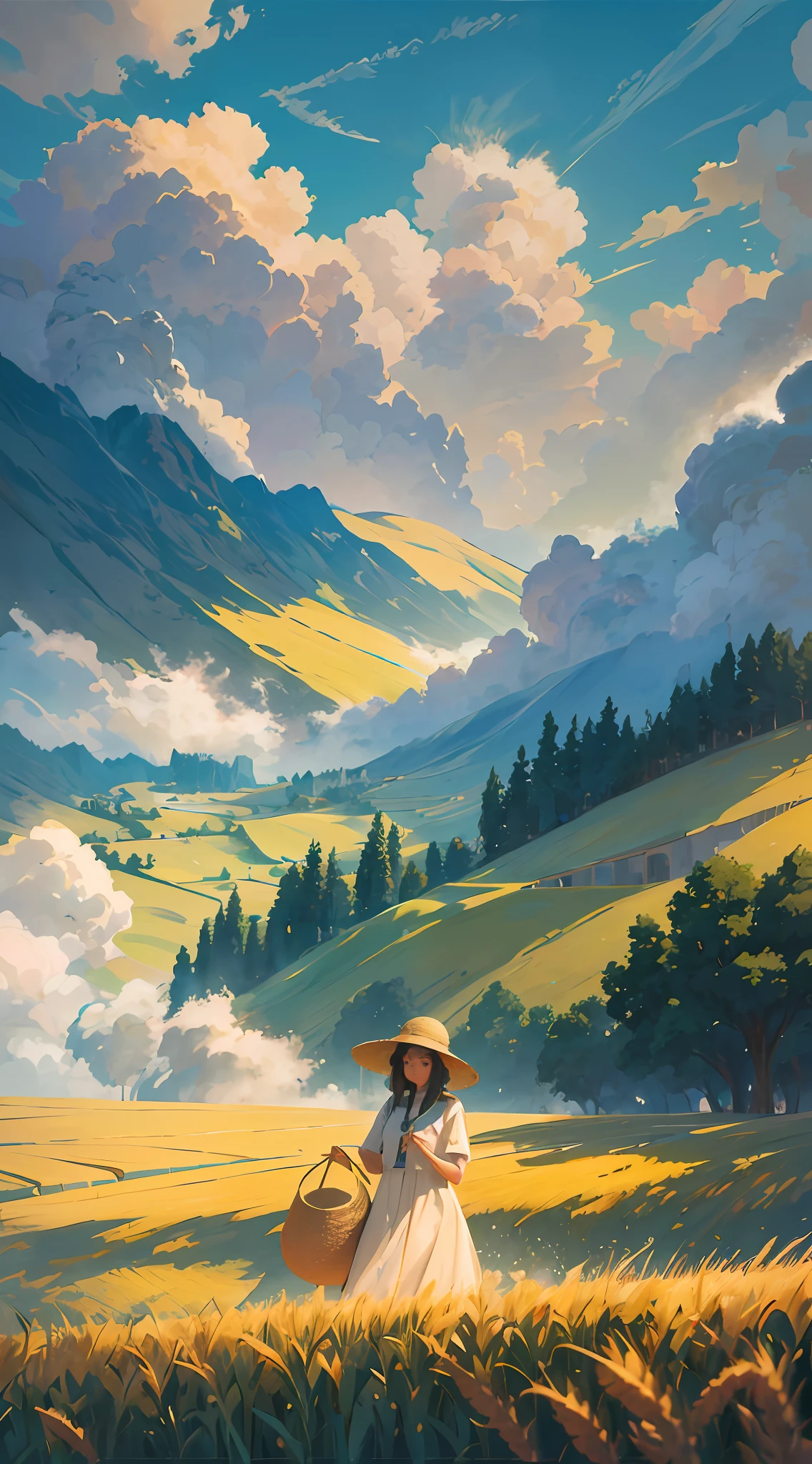 Wheat field, a farmer uncle with a straw hat standing in a wheat field, big clouds, blue sky, rice field, neat rice seedlings in the field, forest, hillside, secluded, rural, HD detail, hyper-detail, cinematic, surrealism, soft light, deep field focus bokeh, ray tracing and surrealism. --v6