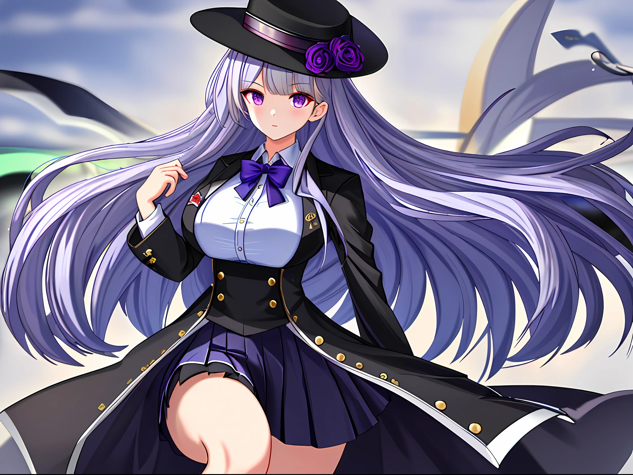 (Masterpiece:1.4), (best quality:1.4), ultra highres,1girl, extremely detailed,8k, (ulzzang-6500:0.1), beautiful, detailed eyes, looking at the viewer, (strong pose: 1.2), intense dark colors, (depth of field), (dynamic), (epic), sharp focus, (intricate details: 1.2), full color, denim lens, corporate\ (azur lane), hat, skirt, coat, shirt, purple eyes, long hair, silver hair