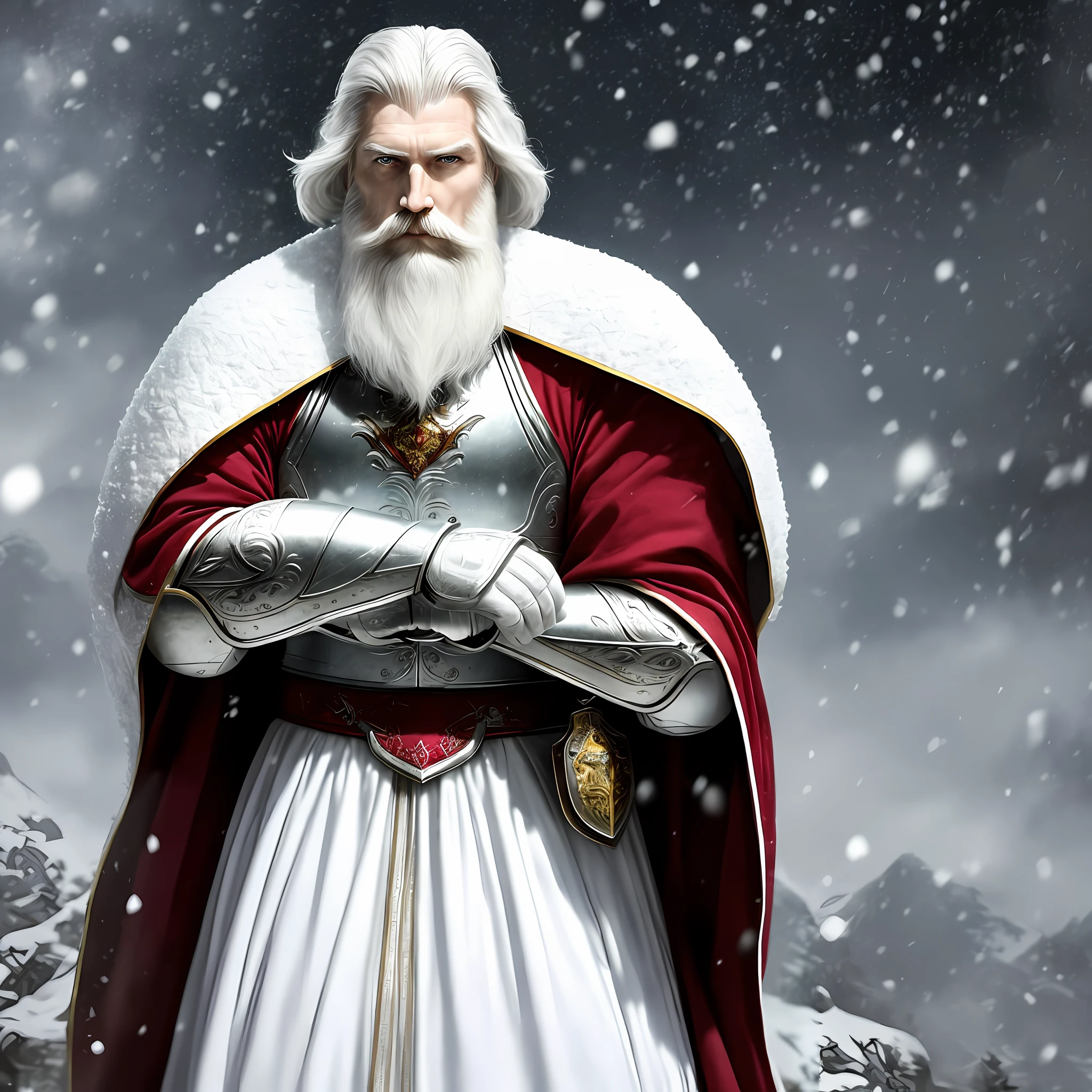 (Masterpiece: 1.2), (Best Quality: 1.2), Volumetric Light, Solo, 1 Man, 62 years old, tall figure, short white hair beard, tall, weakened, medieval noble lord, (white-red tone 1.4), white armor, snow, battled, battled