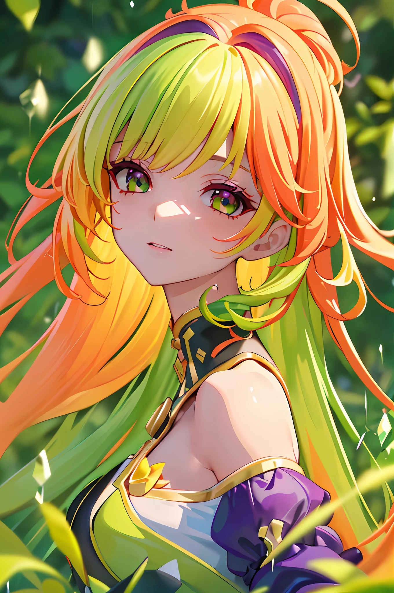 (extremely detailed CG unity 8k wallpaper,masterpiece, best quality, ultra-detailed),(an extremely delicate and beautiful),(dynamic angle,portrait),(multicolored_hair+purple hair+green hair+yellow hair+red hair:1.2),(off shoulder), beautiful face, glowing skin,depth of field, lush greenery,sparkling water droplets, vivid colors.