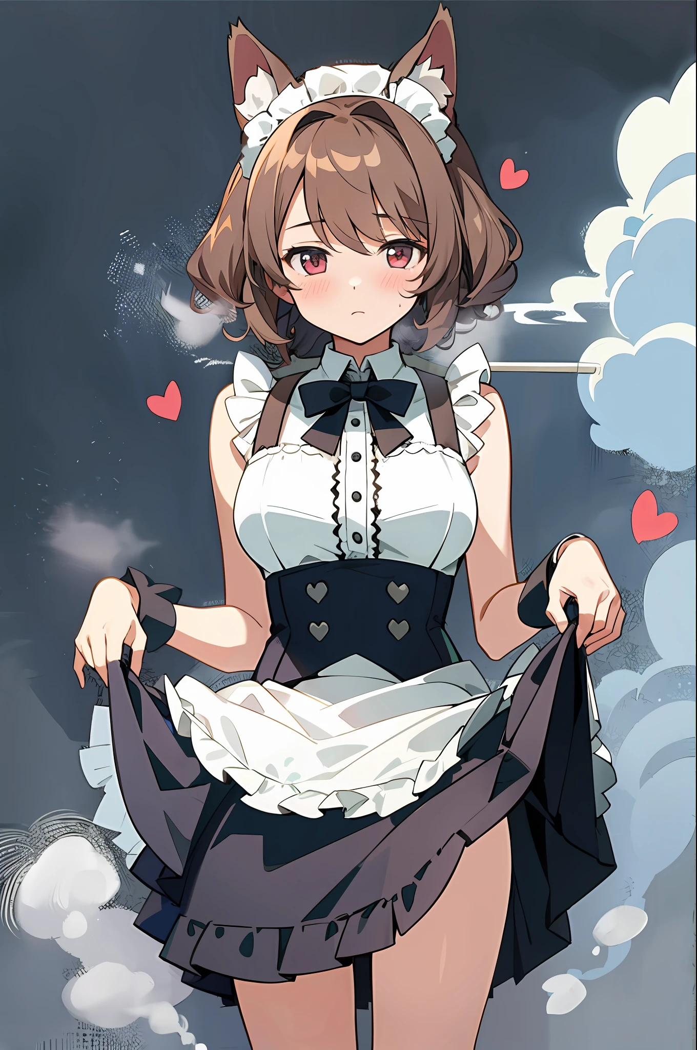 (masterpiece, best quality) detailed, 1girl, solo, maid, skirt lift, clothes lift, hearts, steamy, steamy breaths, steam clouds, afro hair, mini skirt, bare shoulders, dog ears, dog tail
