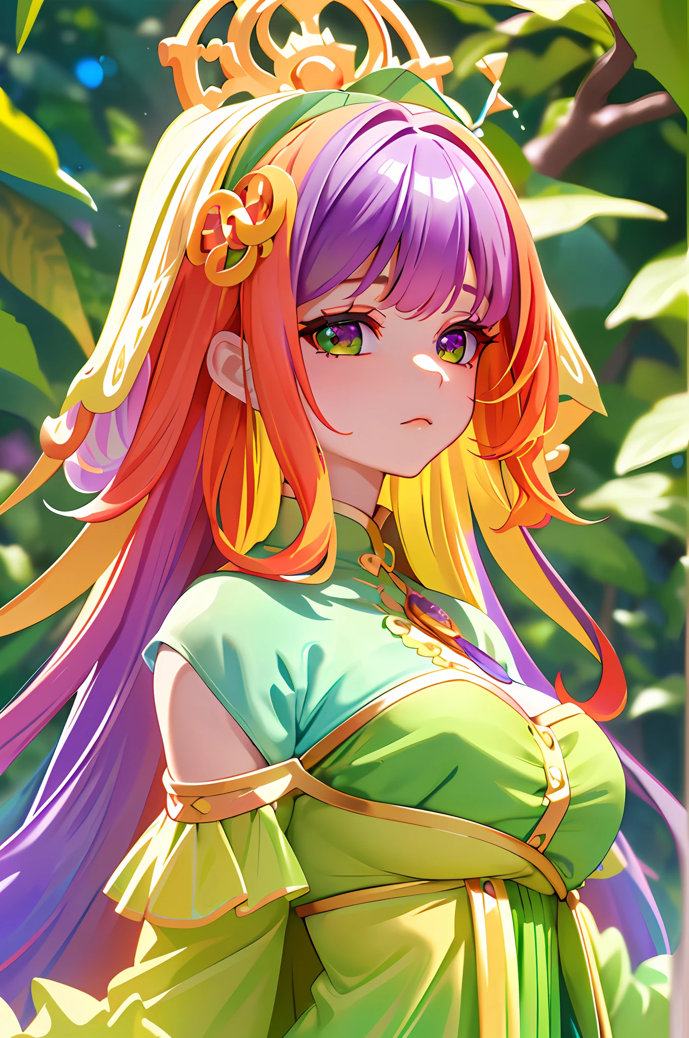(extremely detailed CG unity 8k wallpaper,masterpiece, best quality, ultra-detailed),(an extremely delicate and beautiful),(dynamic angle,portrait),(multicolored_hair+purple hair+green hair+yellow hair+red hair:1.2),(off shoulder), beautiful face, glowing skin,depth of field, lush greenery,sparkling water droplets, vivid colors.