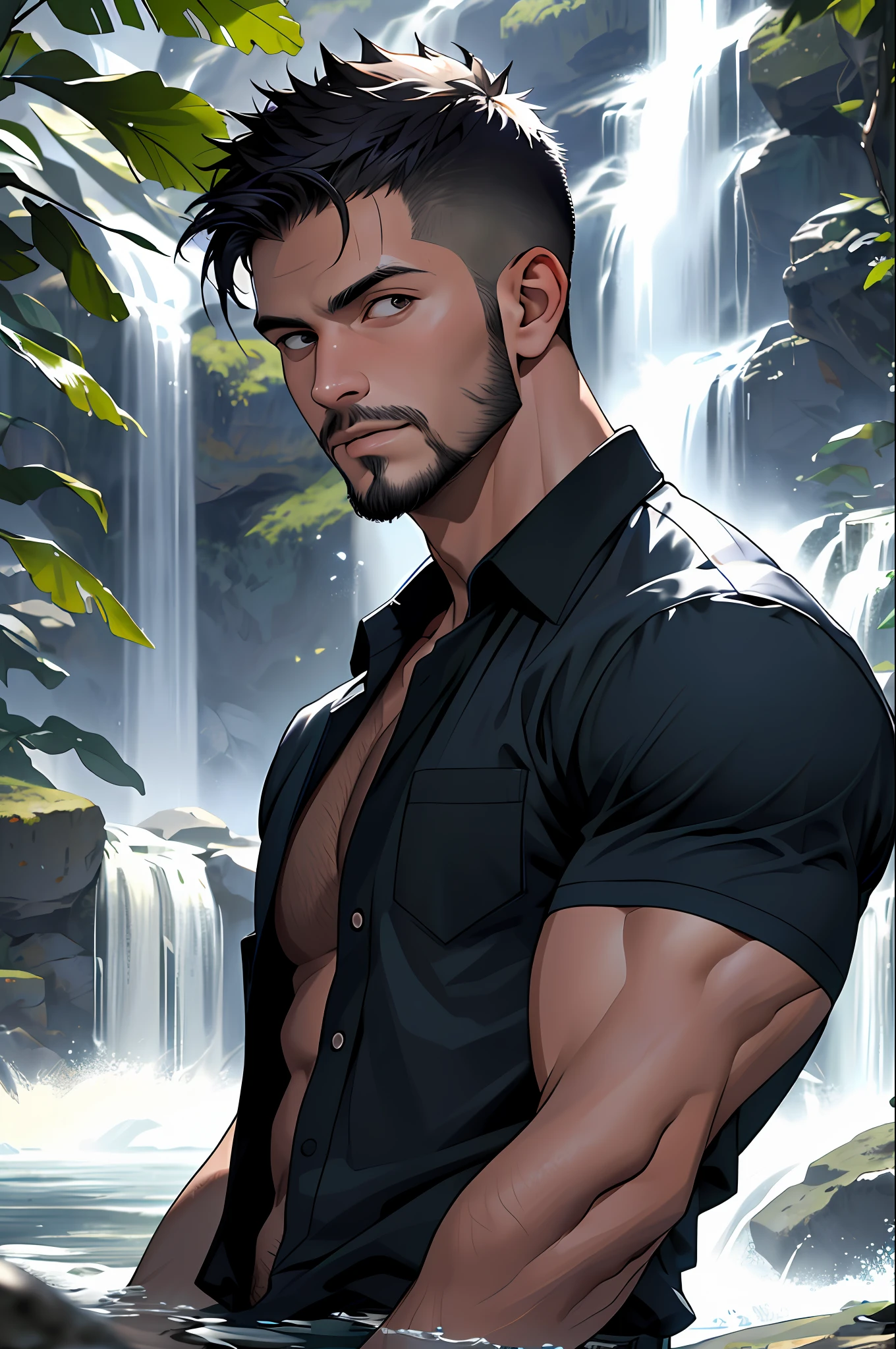 Best quality, masterpiece, expressionless,ultra high res,detailed background,realistic,1man,solo,male,muscular,young male,short hair,facial hair,under waterfall,water,real shadow and light,depth of field,open shirt,abs
