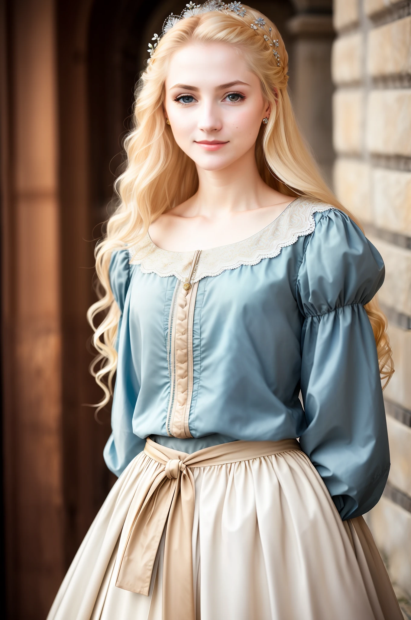 Amazingly beautiful woman in Germany, blonde hair, [Renaissance dress], realistic anatomy, realistic nose, photo, standing facing the front, looking at the camera and smiling, straight, long-haired, beautiful 19 year old girl, pale skin, feminine features, stocky body, mole, (light smile, : 0.9), very detailed shiny eyes, small face, (looking at the camera), magnificent lighting, DSLR, Super High Quality, Sharp Focus, Tack Sharp, DOF, Film Grain, Center, Fujifilm XT3, Crystal Clear, Masterpiece, 8k, ((visible pores))), (center of frame))), (Beautiful composition)))), (Professional composition)))), (Elegant composition)))), ((Long skirt)), (((Front shot)), ( Facing the viewer))), (((focus on the face))), ((detailed facial anatomy))), ((looking at the camera))), (looking at the viewer))), (sunlight lighting)