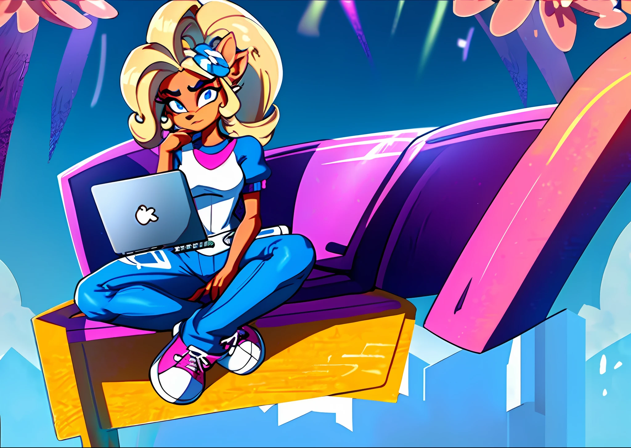 coco, furry, (((Stylized))), (amazing background details), (amazing lighting), blonde hair, ponytail, flower in hair, pointy ears, blue eyes, white shirt (yellow flower in the center), denim jeans (blue), pink and white sneakers, pink nails, (looking on laptop:1.2), sitting on bench (crossed legs), outside (forest, daytime), light rays (raytracing), (50mm zoom), HD,