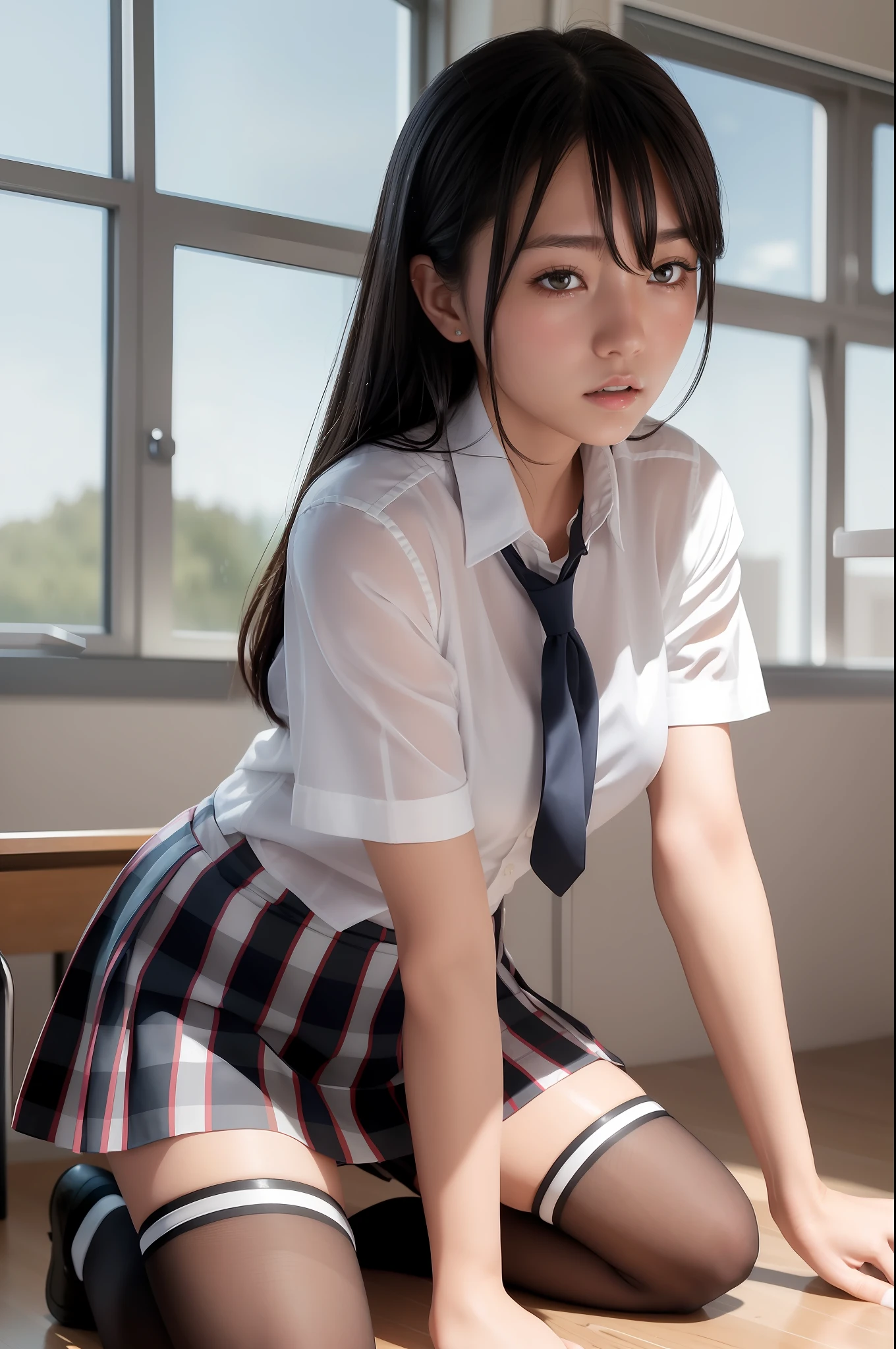 (masterpiece, best quality:1.2), a hyperrealistic schoolgirl, solo, 1girl, yukinoshita yukino, (shiny skin, wet skin:1.2), sweating, slight smile, looking at viewer, on all fours, school uniform, white shirt, plaid skirt, thighhighs, afternoon, classroom hyperrealistic schoolgirl