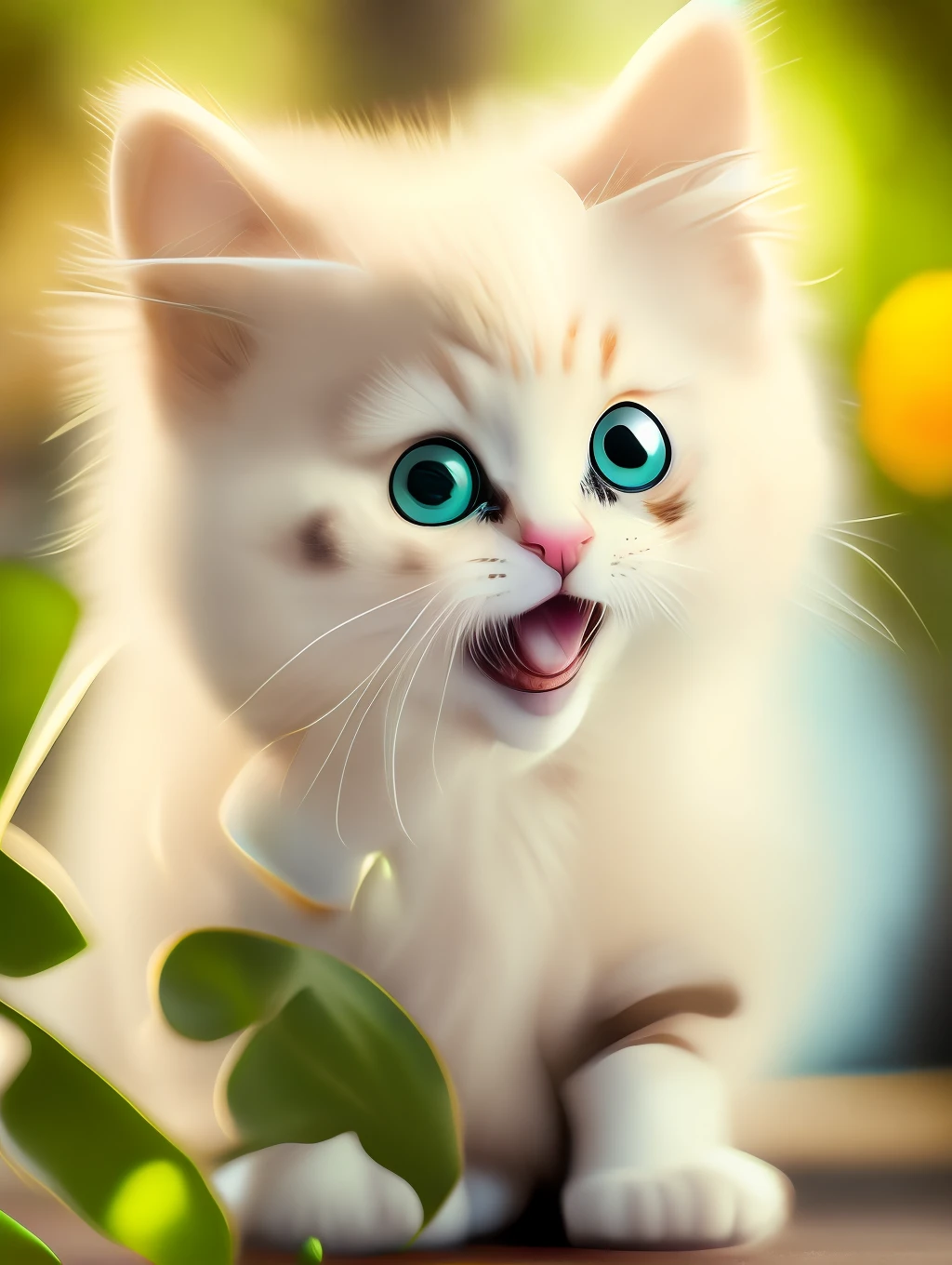 Very cute furry white tropical punk kitten, big eyes, flowers, bushes, full body, open mouth, laugh, professional light, depth of field 8k, golden magic moment, professional photography, octane rendering, super realistic - amazing sunlight, dynamic composition, photography, sharp focus, background bokeh, open mouth, laugh !!!