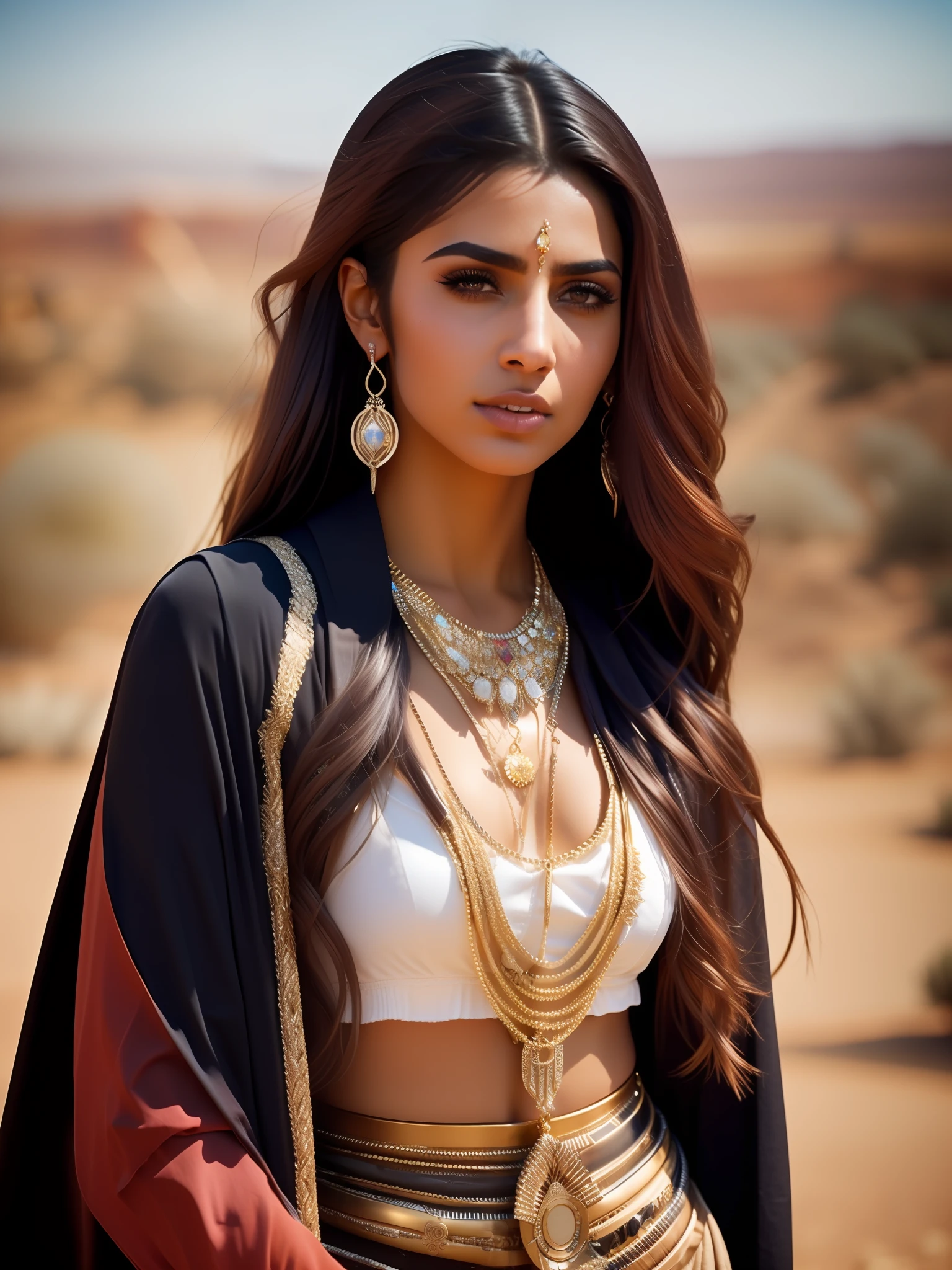 fking_scifi, fking_scifi_v2, portrait of a young, seductive, extremely beautiful and attractive Arabic woman, in front of a city in the desert, long messy hair, rich colorful clothes and golden jewelry, close up, regal pose and attitude. fking_cinema_v2.