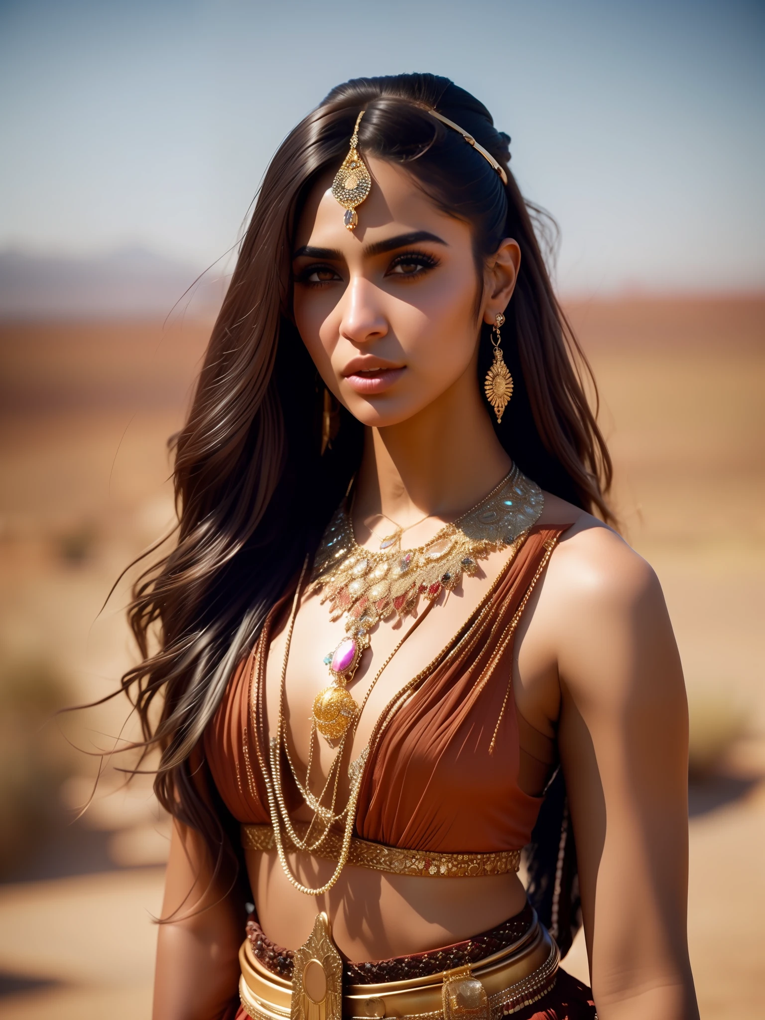 fking_scifi, fking_scifi_v2, portrait of a young, seductive, extremely beautiful and attractive Arabic woman, in front of a city in the desert, long messy hair, rich colorful clothes and golden jewelry, close up, regal pose and attitude. fking_cinema_v2.