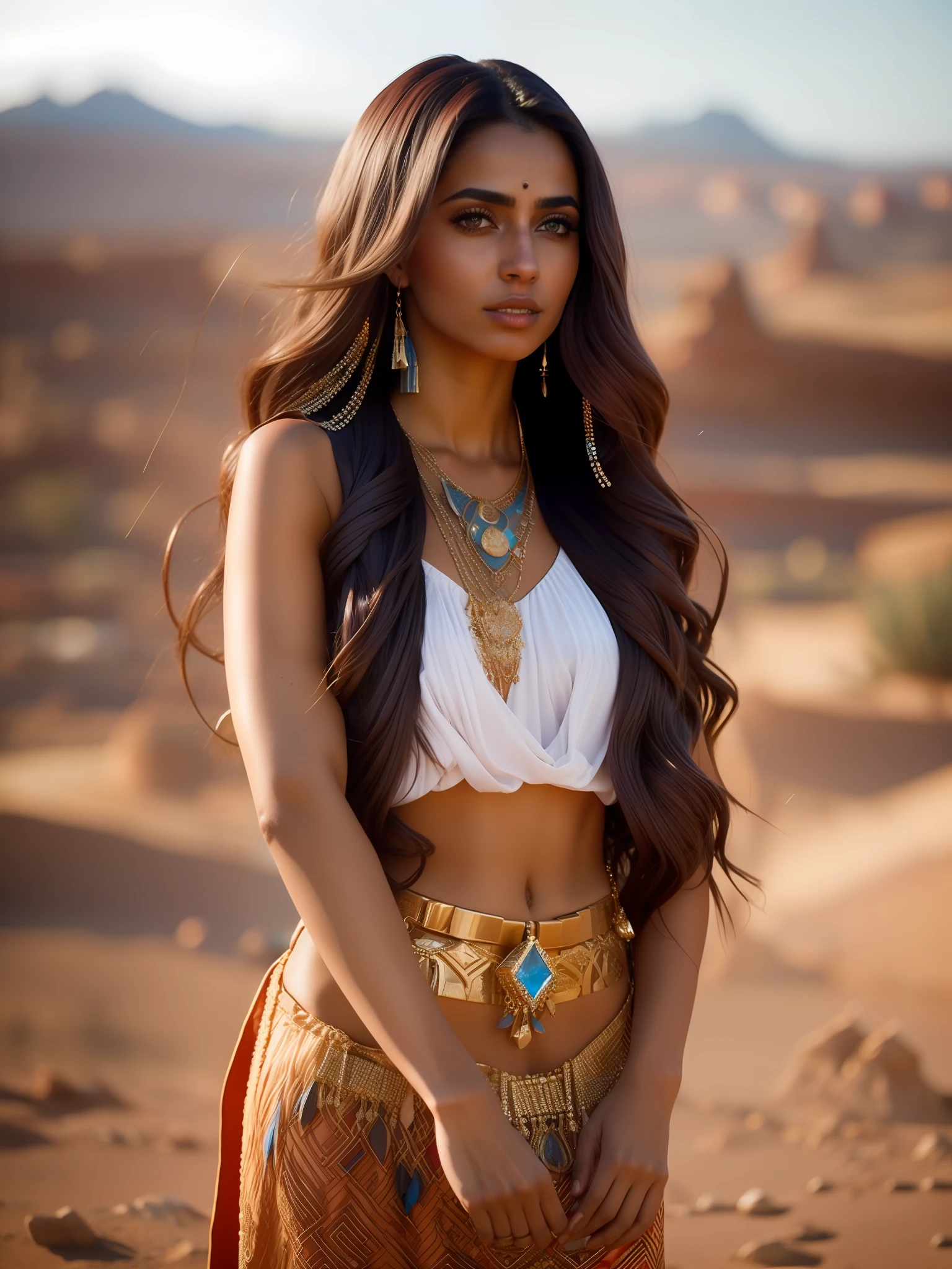 fking_scifi, fking_scifi_v2, portrait of a young, seductive, extremely beautiful and attractive Arabic woman, in front of a city in the desert, long messy hair, rich colorful clothes and golden jewelry, close up, regal pose and attitude. fking_cinema_v2.