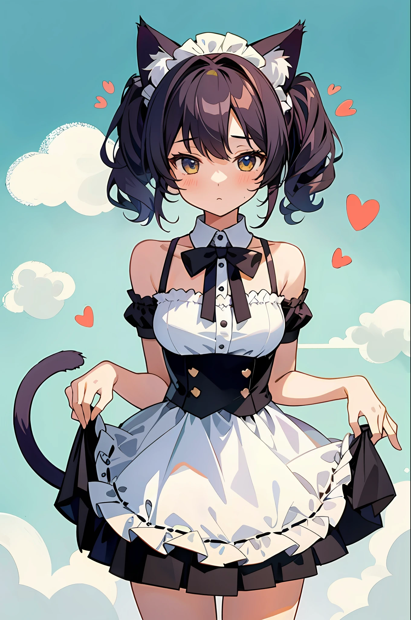 (masterpiece, best quality) detailed, 1girl, solo, maid, skirt lift, clothes lift, hearts, steamy, steamy breaths, steam clouds, afro hair, mini skirt, bare shoulders, cat ears, cat tail, tail wag
